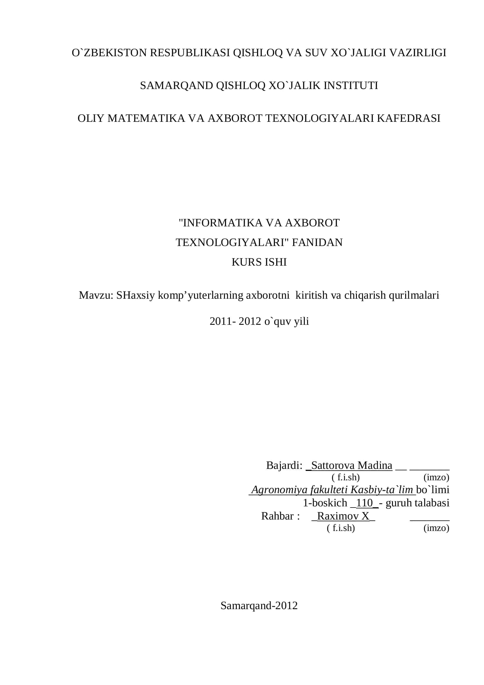 SHaxsiy komp’yuterlarning axborotni kiritish va chiqarish qurilmalari 1