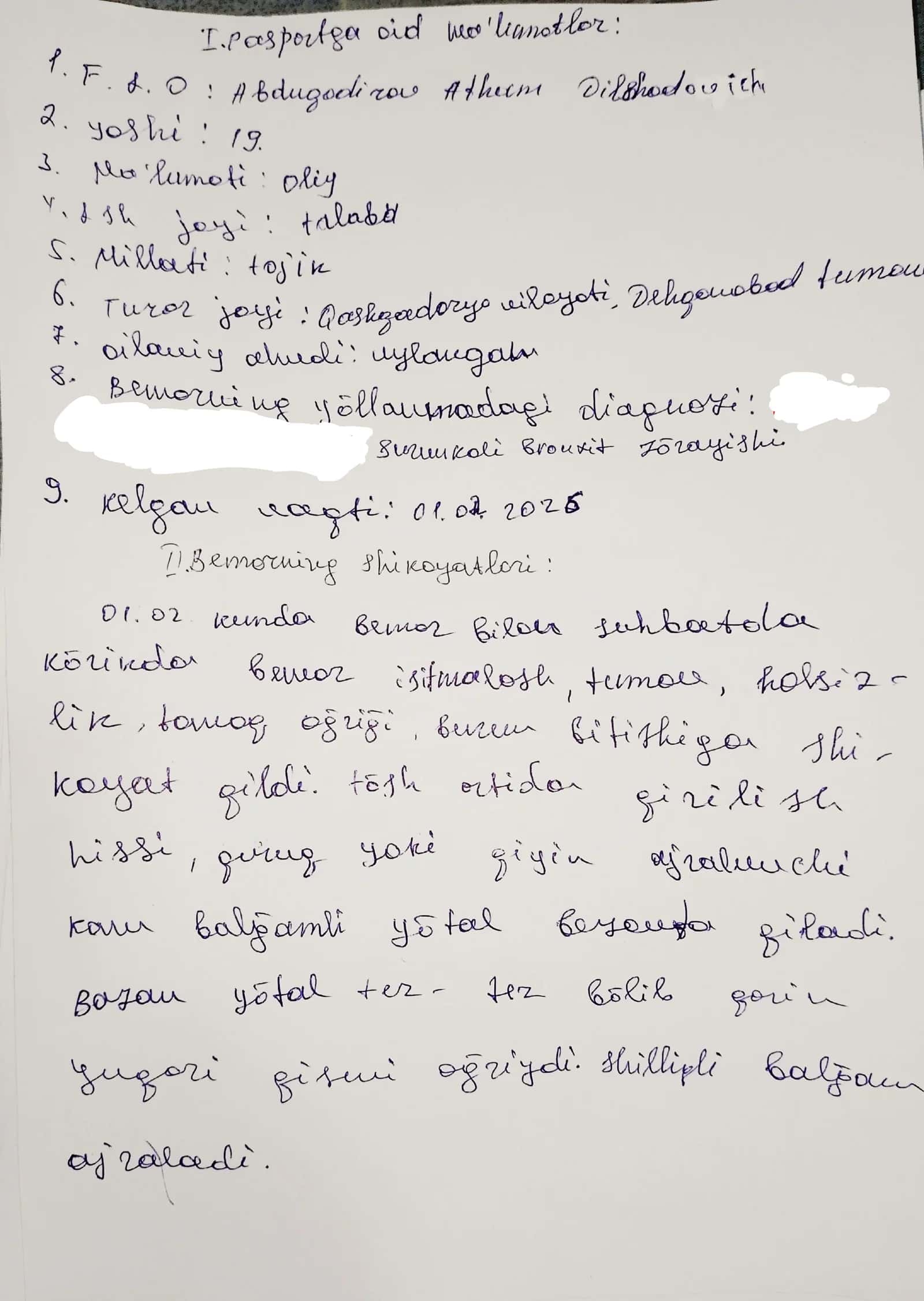 kasallik tarixi oʻtkir va surunkali bronxit IKP 1