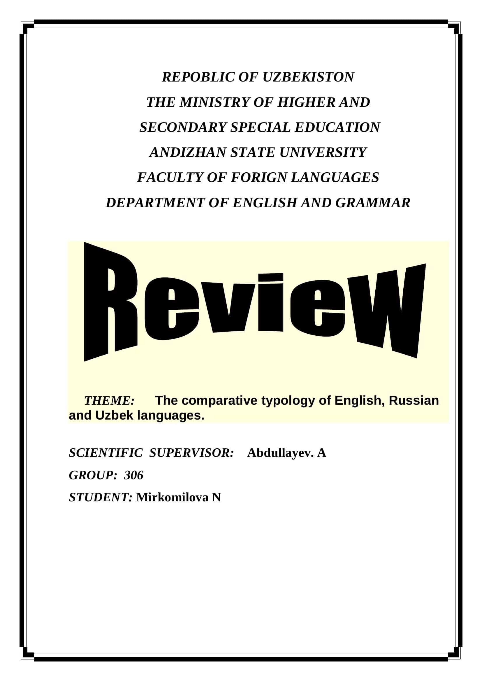 The comparative typology of English, Russian, and Uzbek languages 1