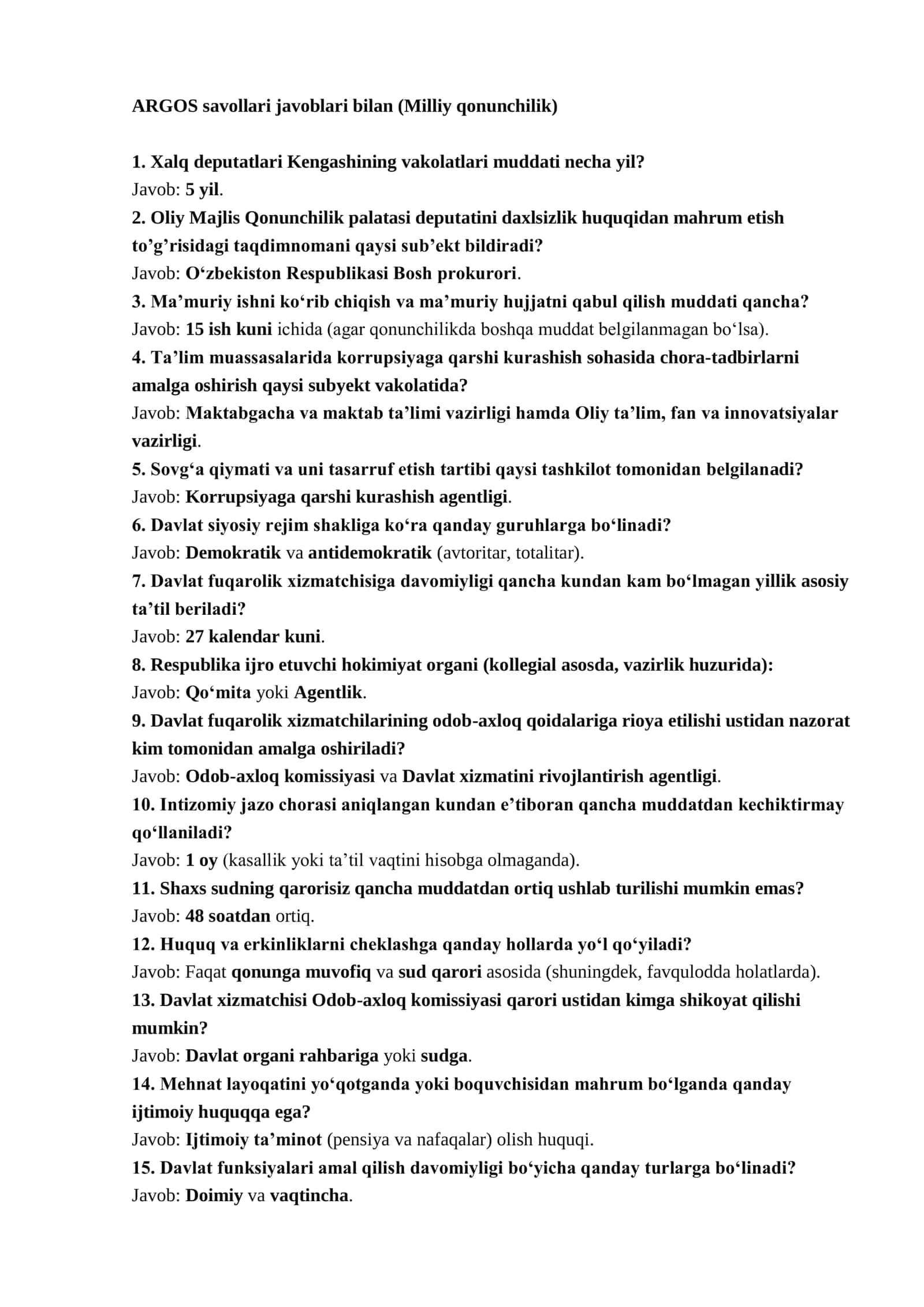 ARGOS TEST SAVOLLARI Milliy qonunchilik (Javoblari bilan) 1