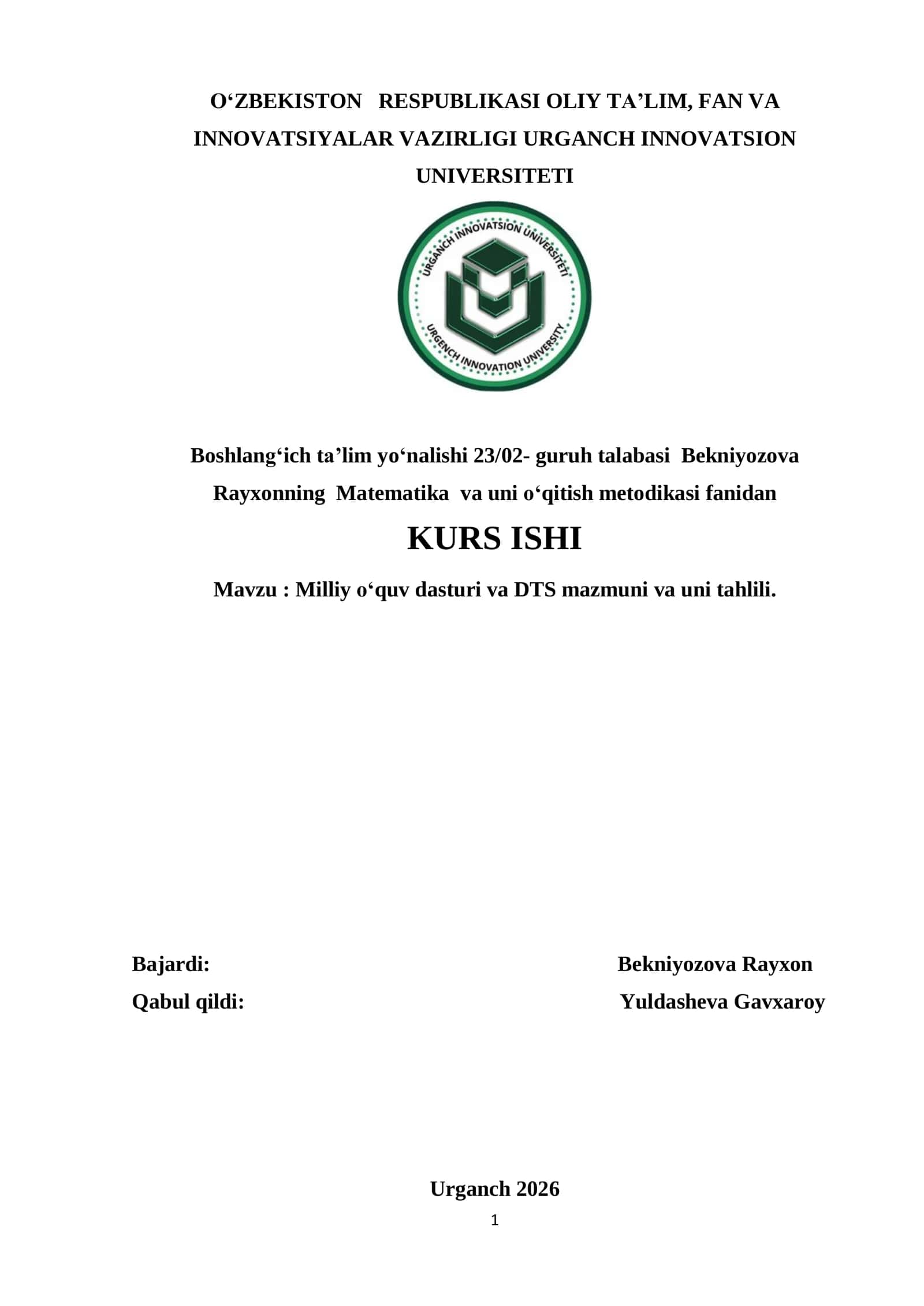 Milliy o‘quv dasturi va DTS mazmuni va uni tahlili 1