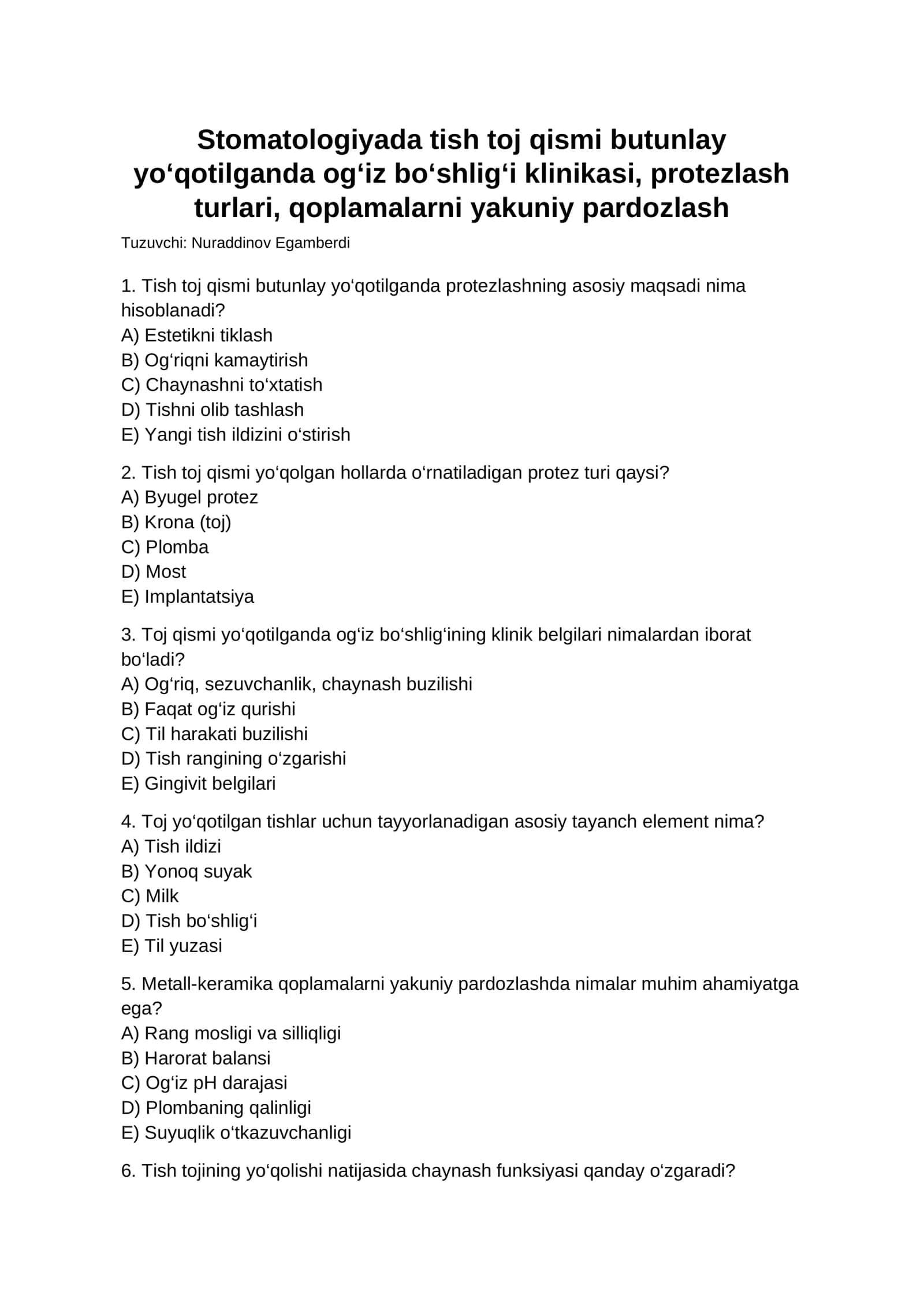 Tish toj qismi butunlay yo‘qotilganda og‘iz bo‘shlig‘i klinikasi, protezlash 1