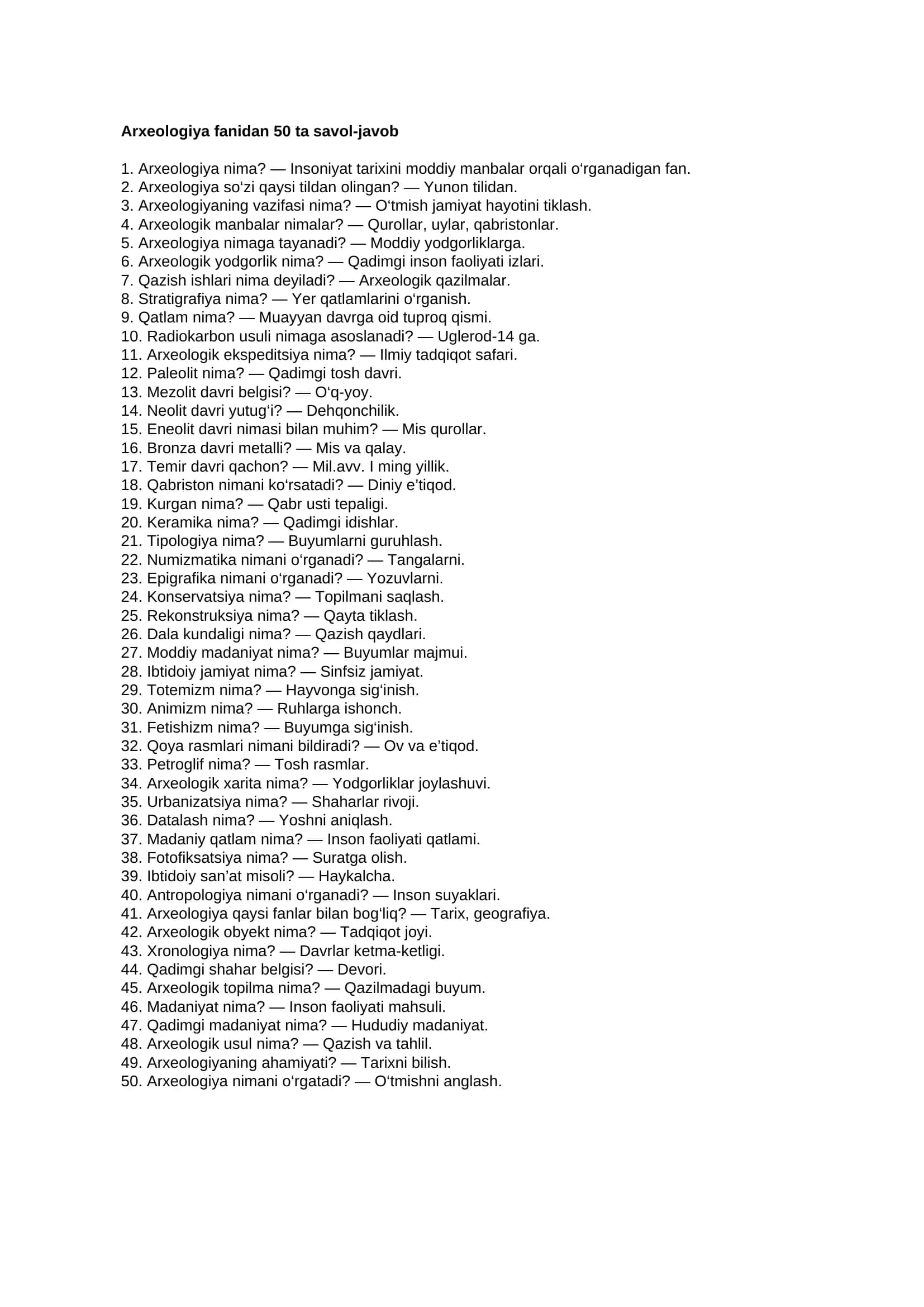 Arxeologiya fanidan 50 ta savol-javob 1