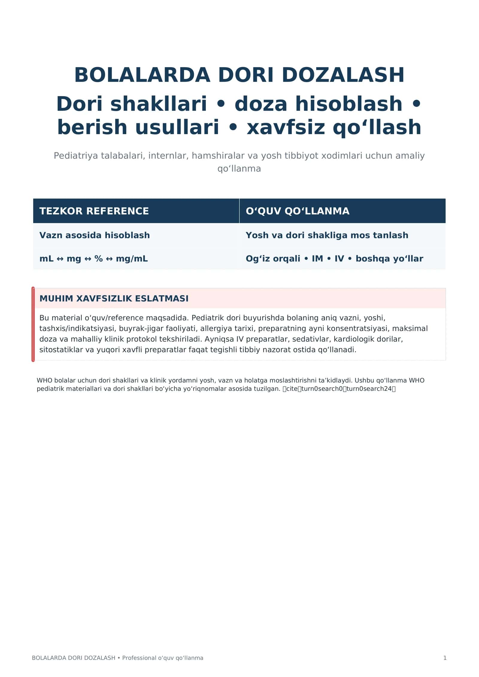 Bolalarda Dori Dozalash va Berish Usullari | Pediatriya Amaliy Qo‘llanma PDF 1