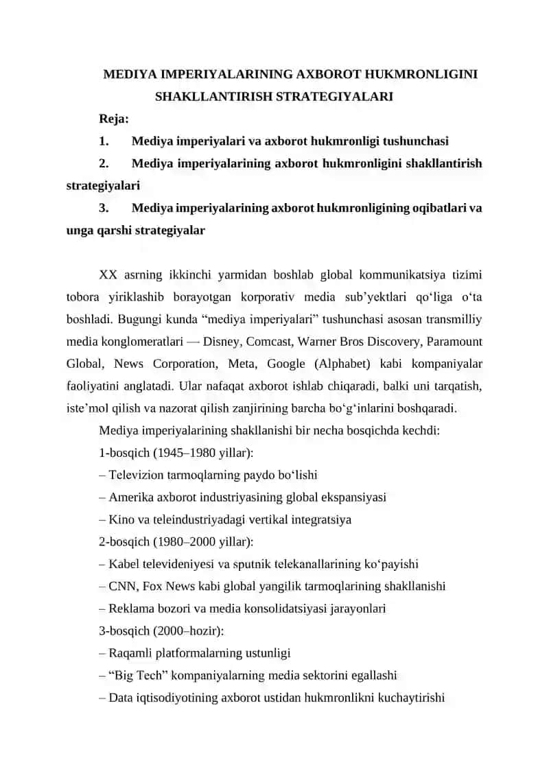 MEDIYA IMPERIYALARINING AXBOROT HUKMRONLIGINI SHAKLLANTIRISH STRATEGIYALARI