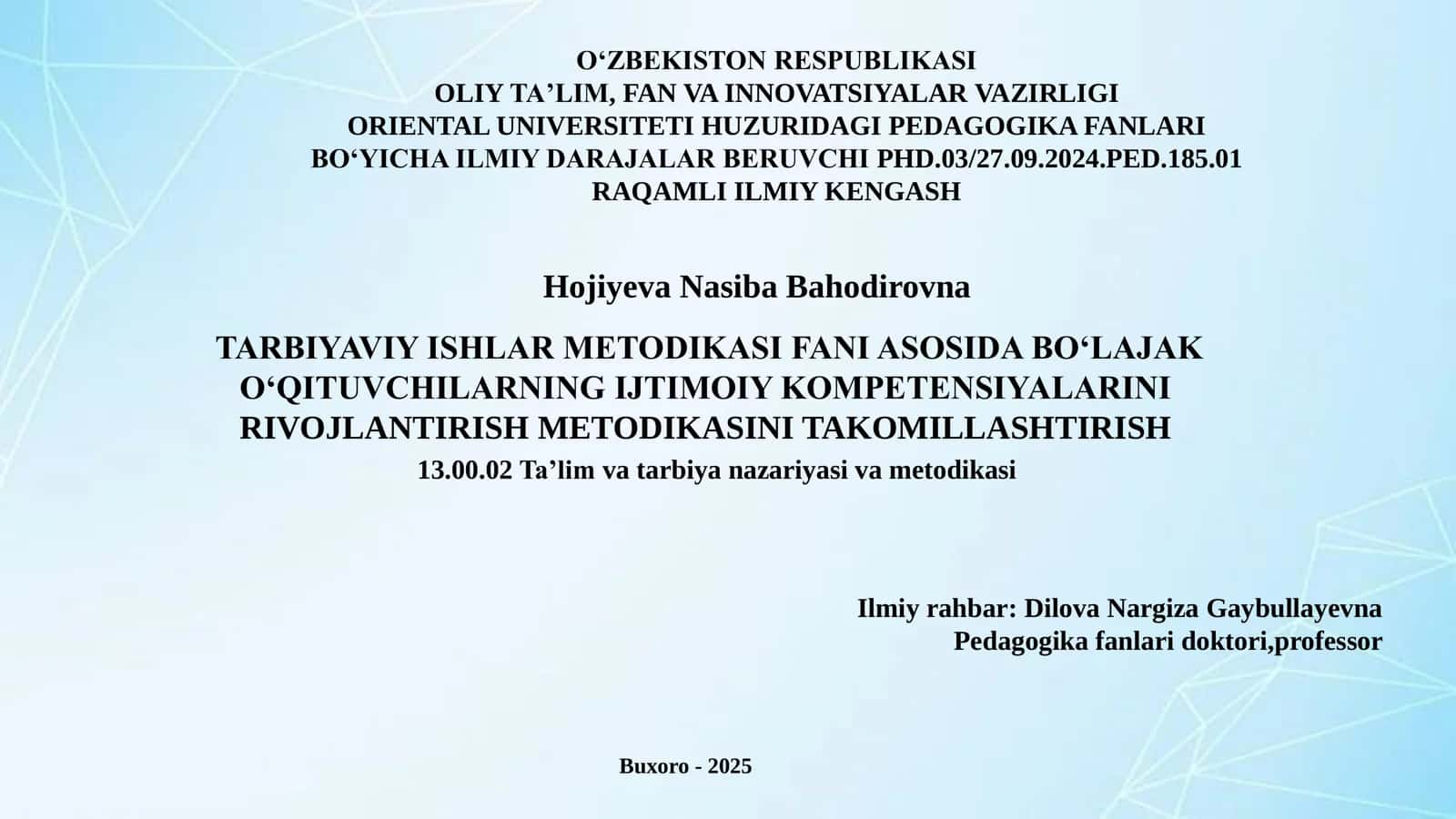 TARBIYAVIY ISHLAR METODIKASI FANI ASOSIDA BO‘LAJAK O‘QITUVCHILARNING IJTIMOIY KOMPETENSIYALARINI RIVOJLANTIRISH METODIKASINI TAKOMILLASHTIRISH 1
