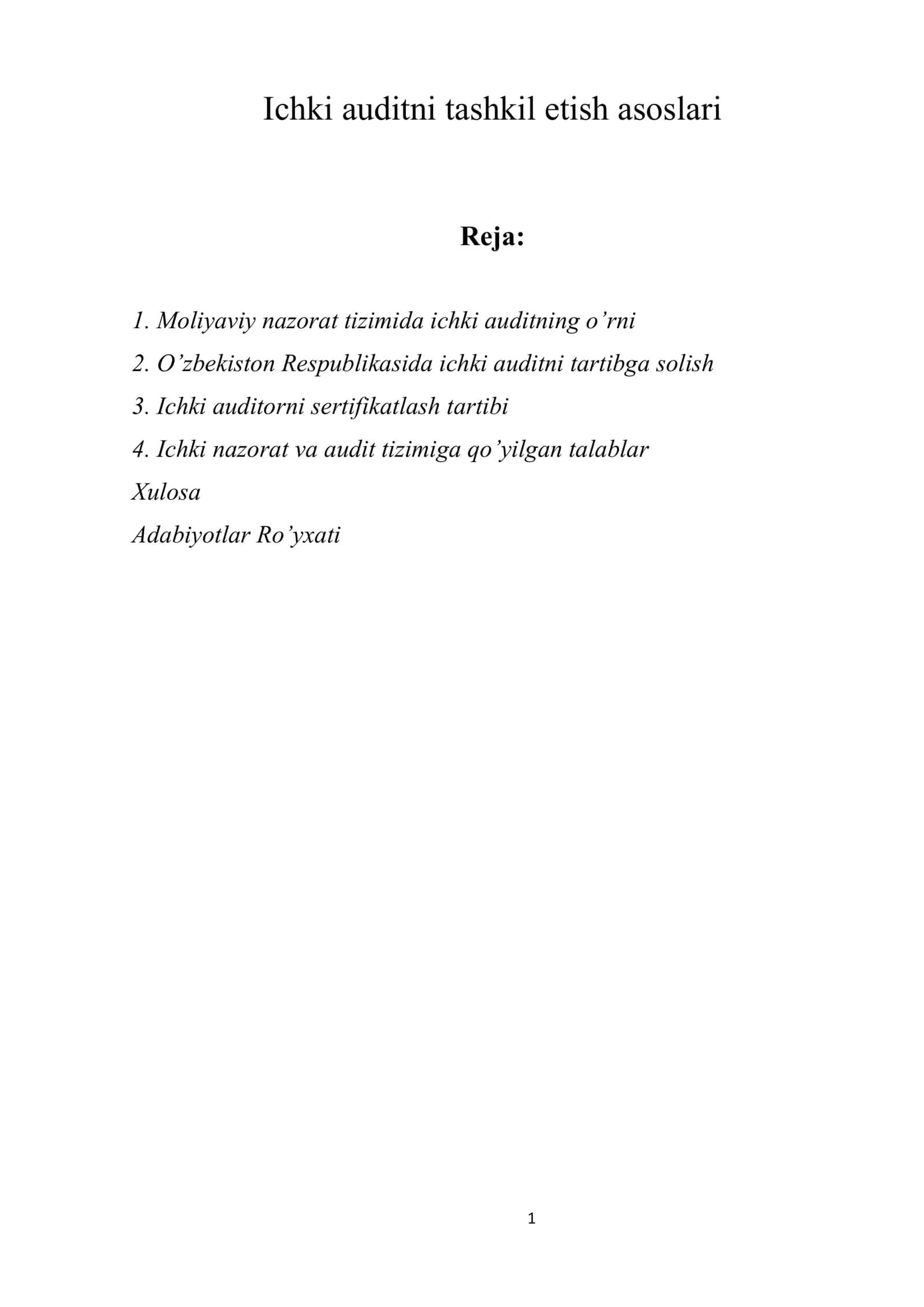 Ichki auditni tashkil etish asoslari 1