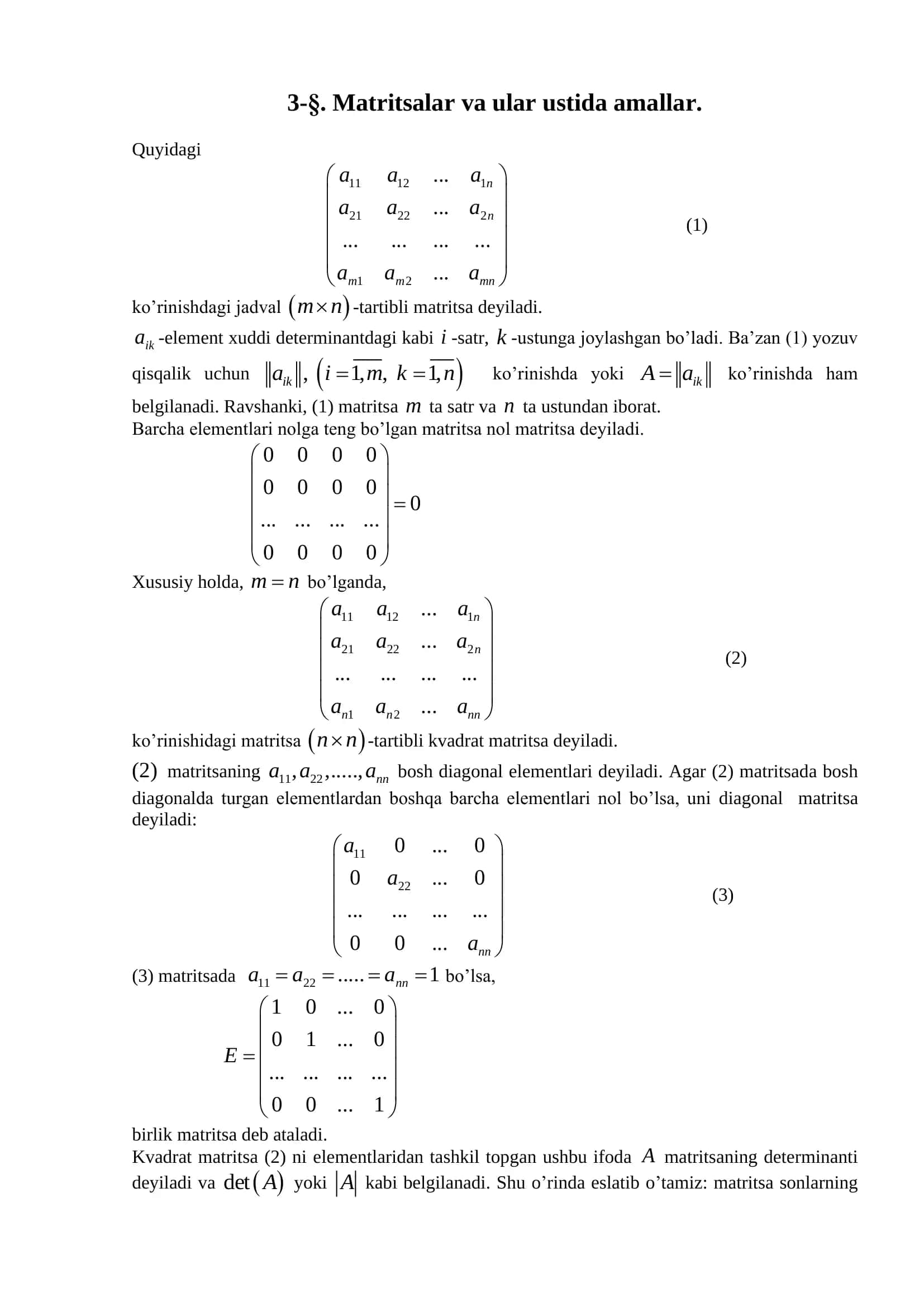 3-§. Matritsalar va ular ustida amallar. 1
