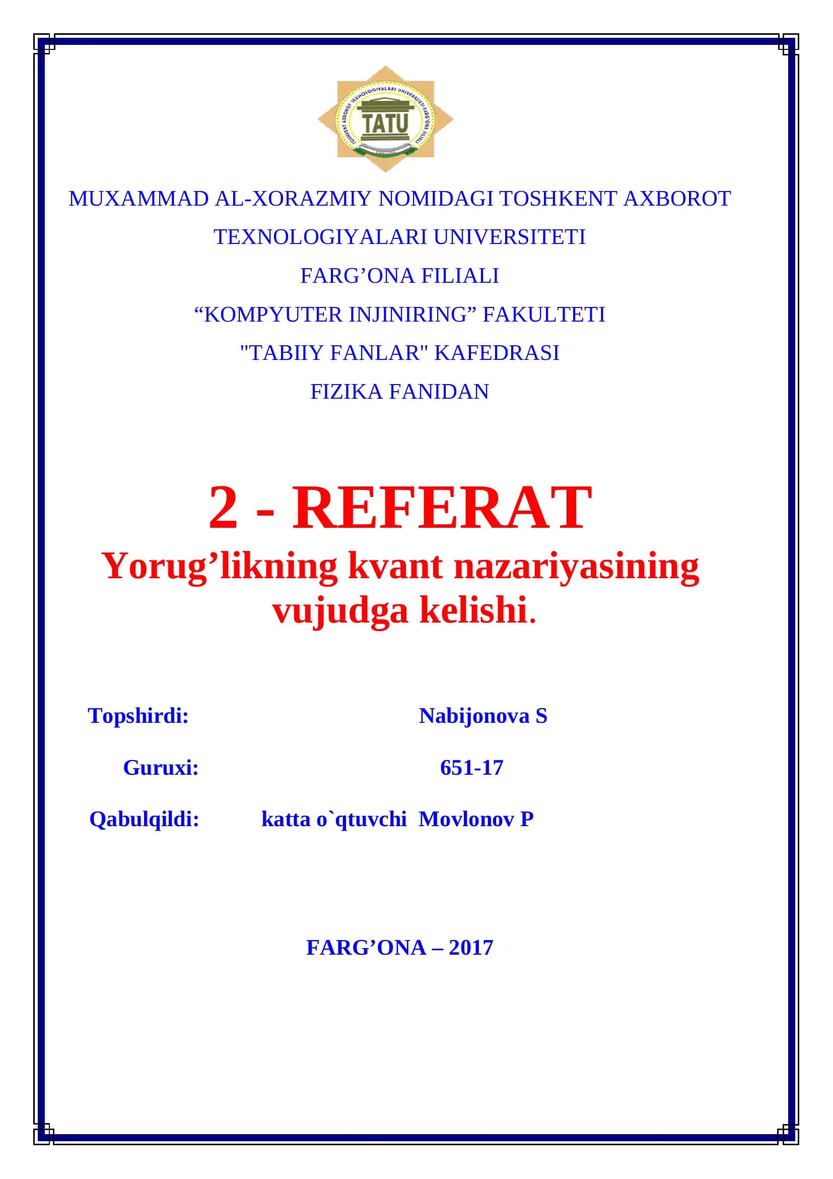 Yorug’likning kvant nazariyasining vujudga kelishi 1