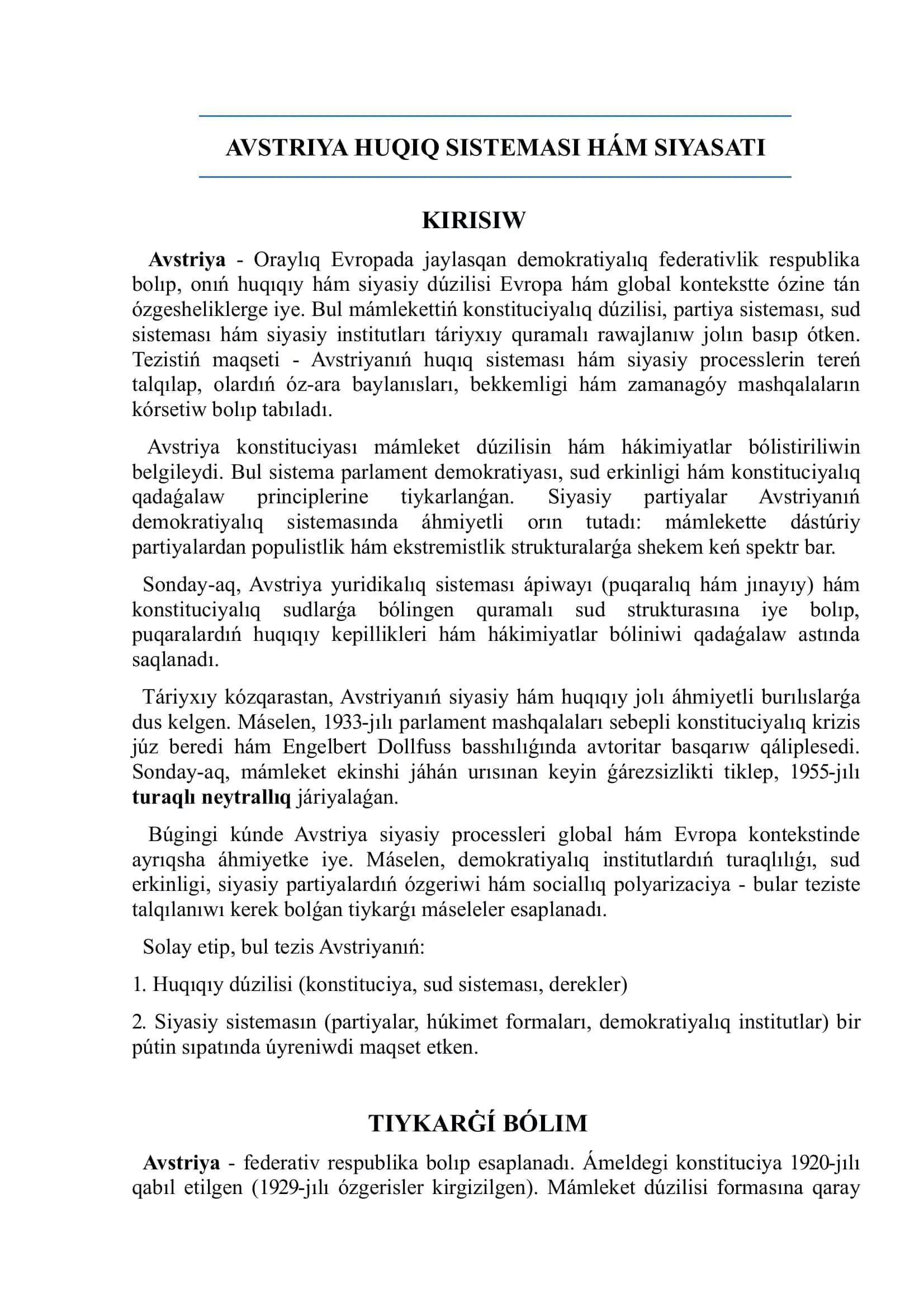 Avstriya huqıq sisteması hám siyasatı (tezis) 1