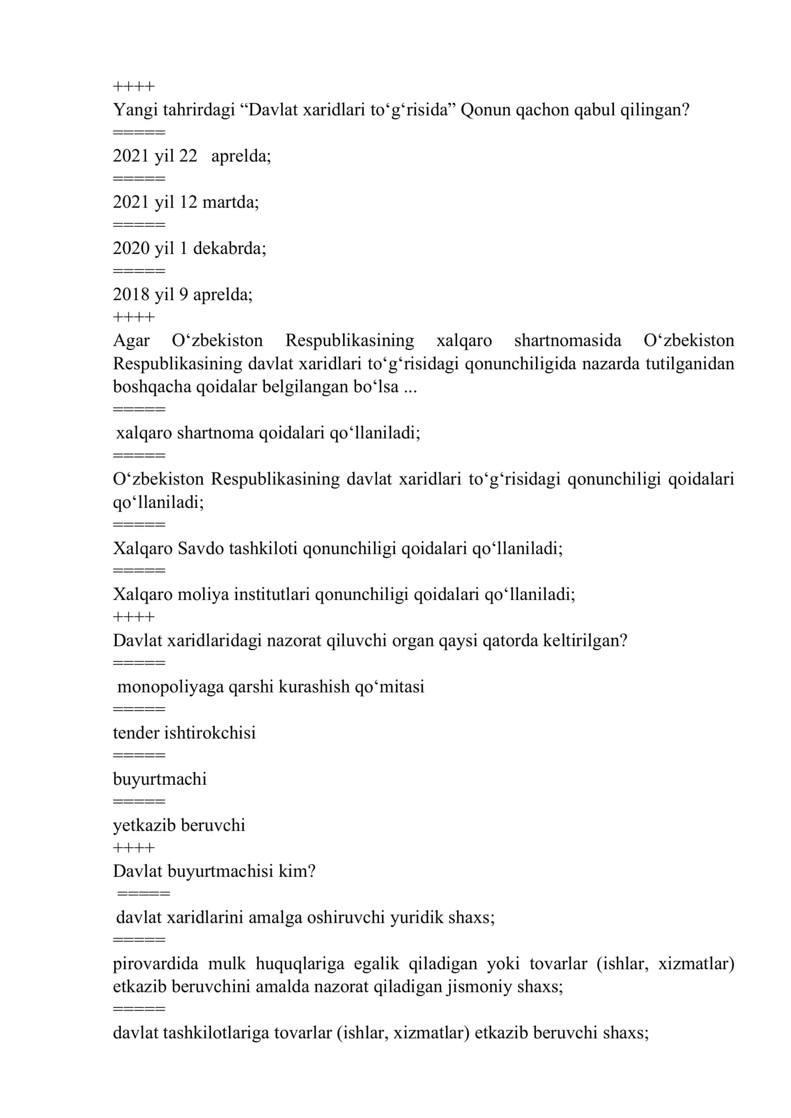 Davlat xaridlari fani yakuniydan test 1