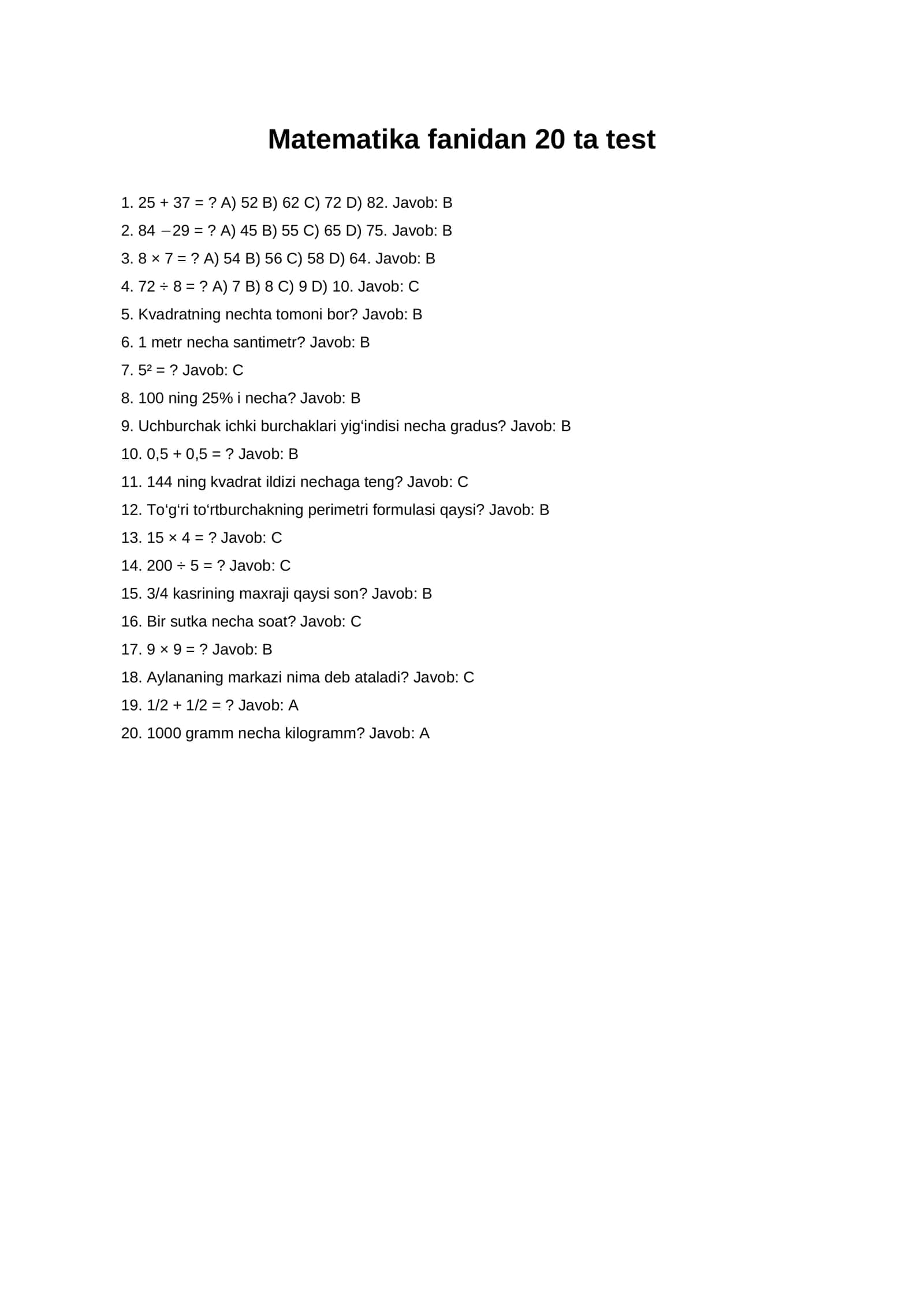 Matematika fanidan test 1