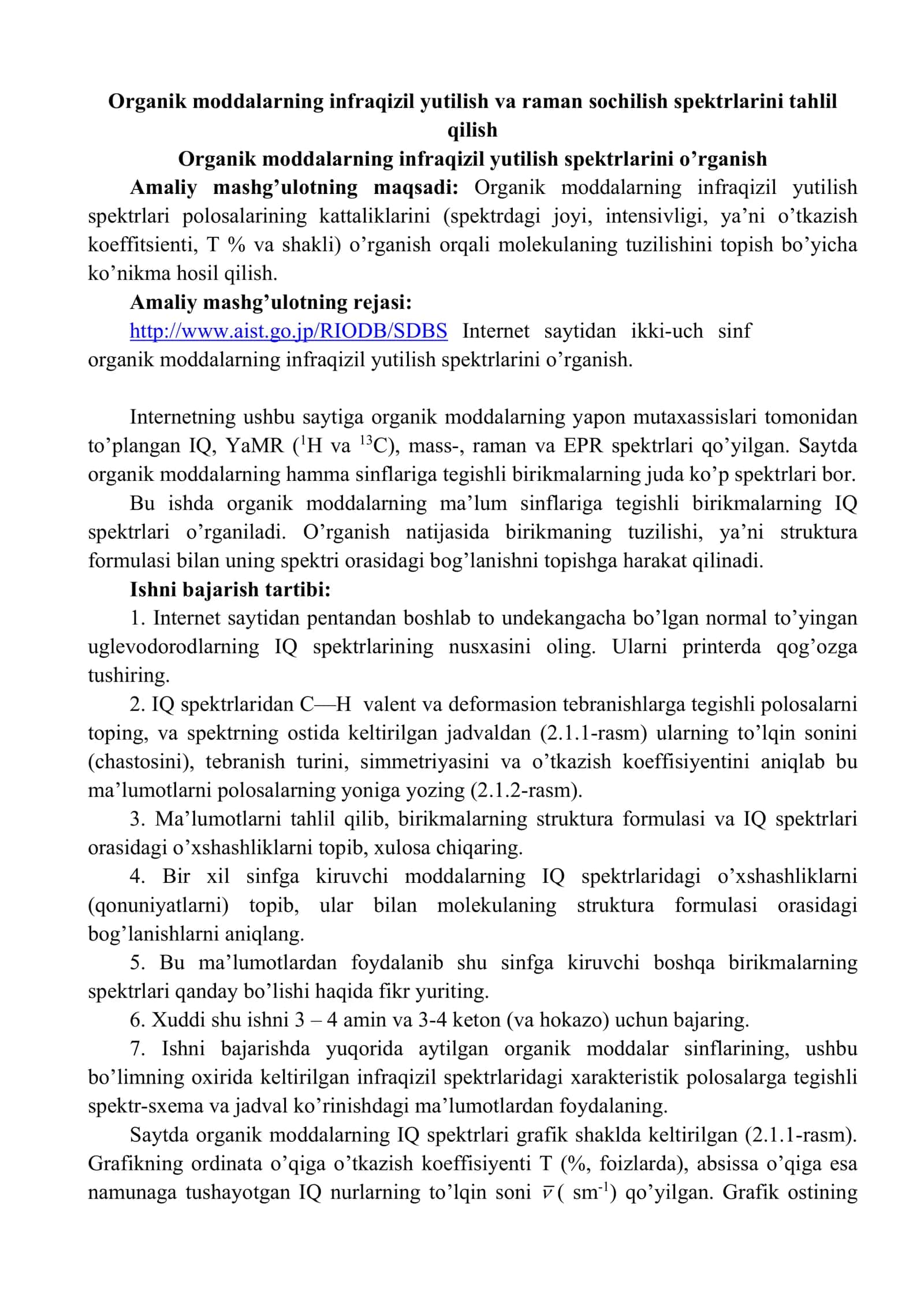 Organik moddalarning infraqizil yutilish va raman sochilish spektrlarini tahlil qilish 1
