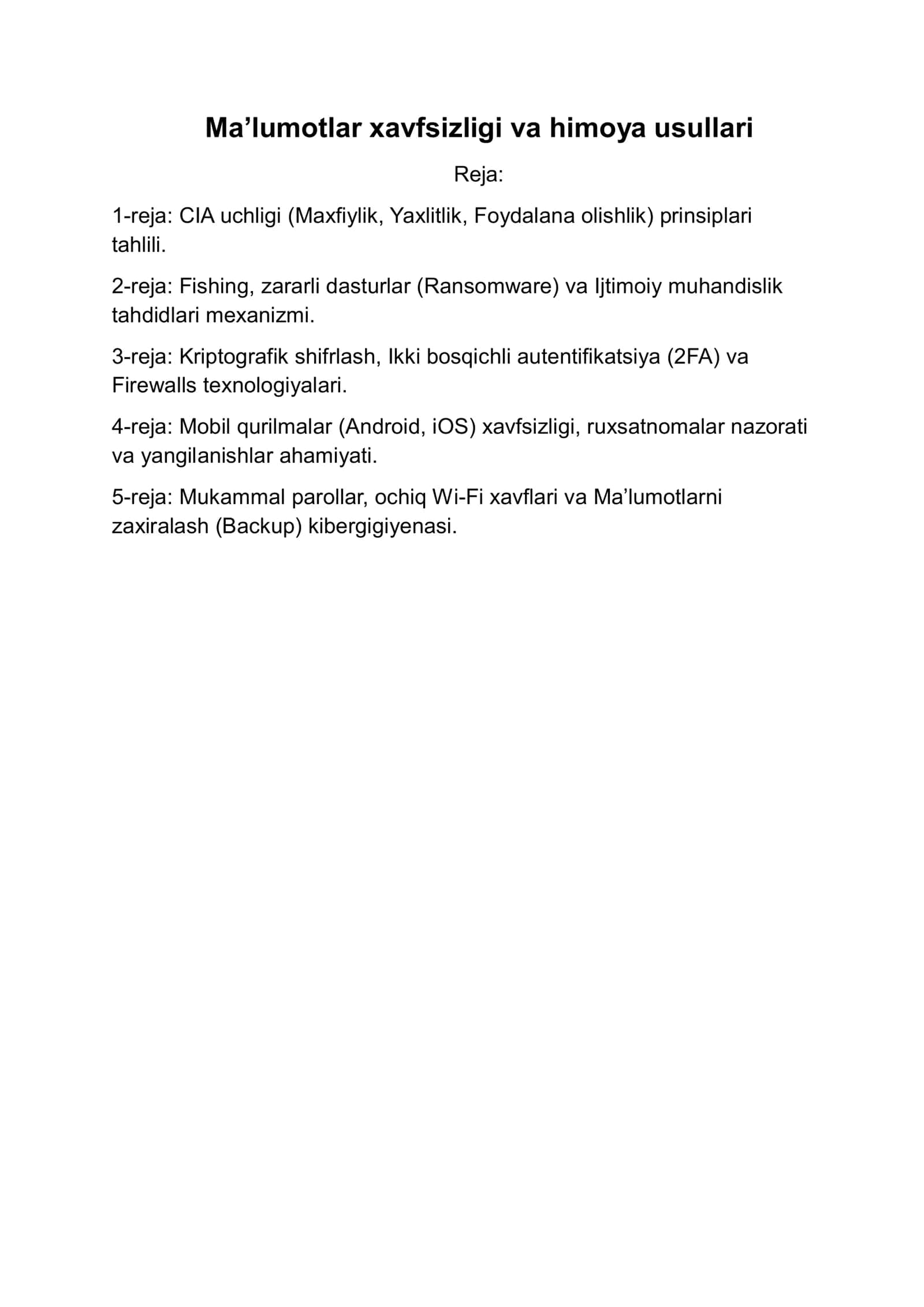 Maʼlumotlar xavfsizligi va himoya usullari 1
