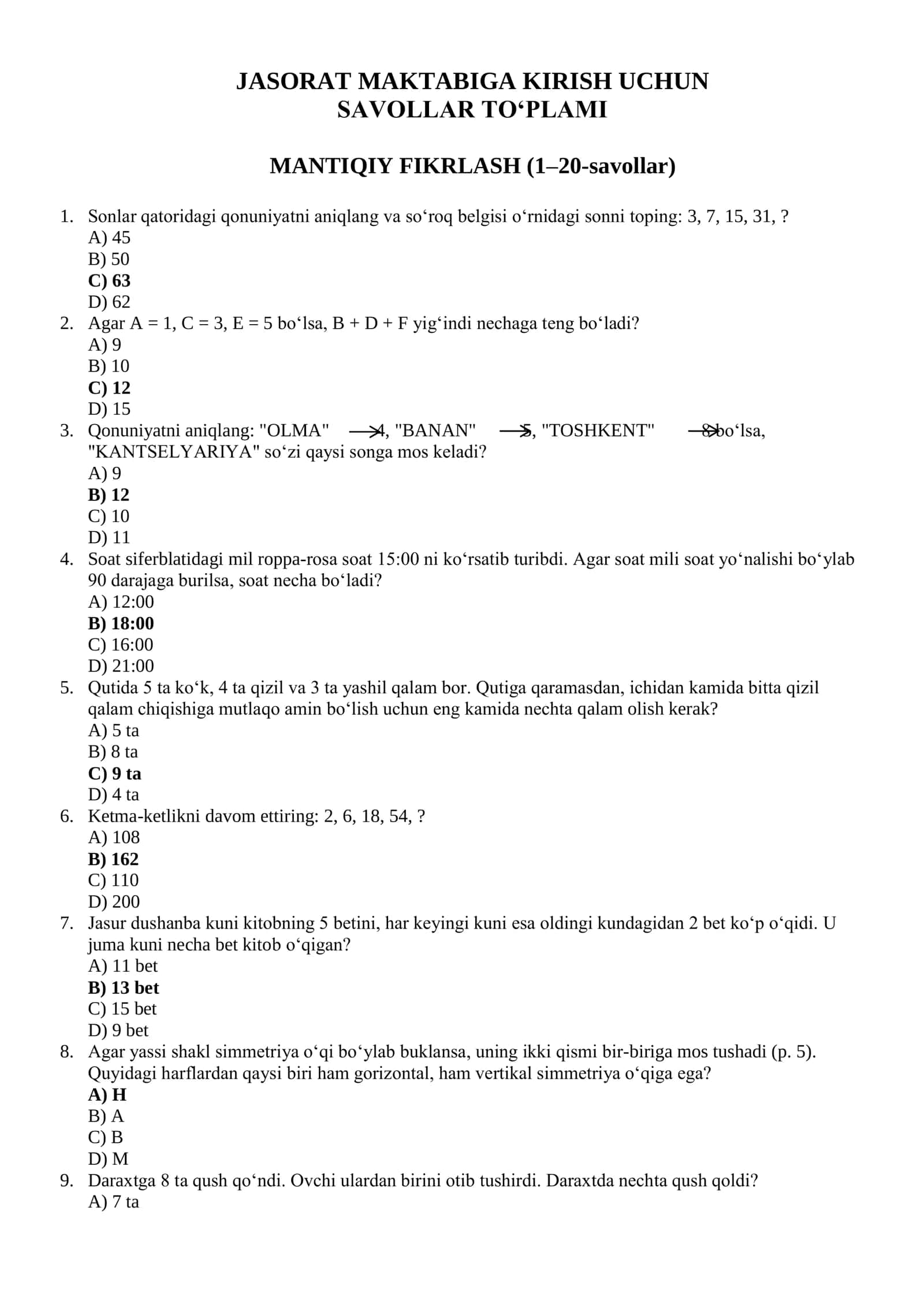 JASORAT MAKTABIGA KIRISH UCHUN SAVOLLAR TO‘PLAMI MANTIQIY FIKRLASH (1–20-savollar) 1