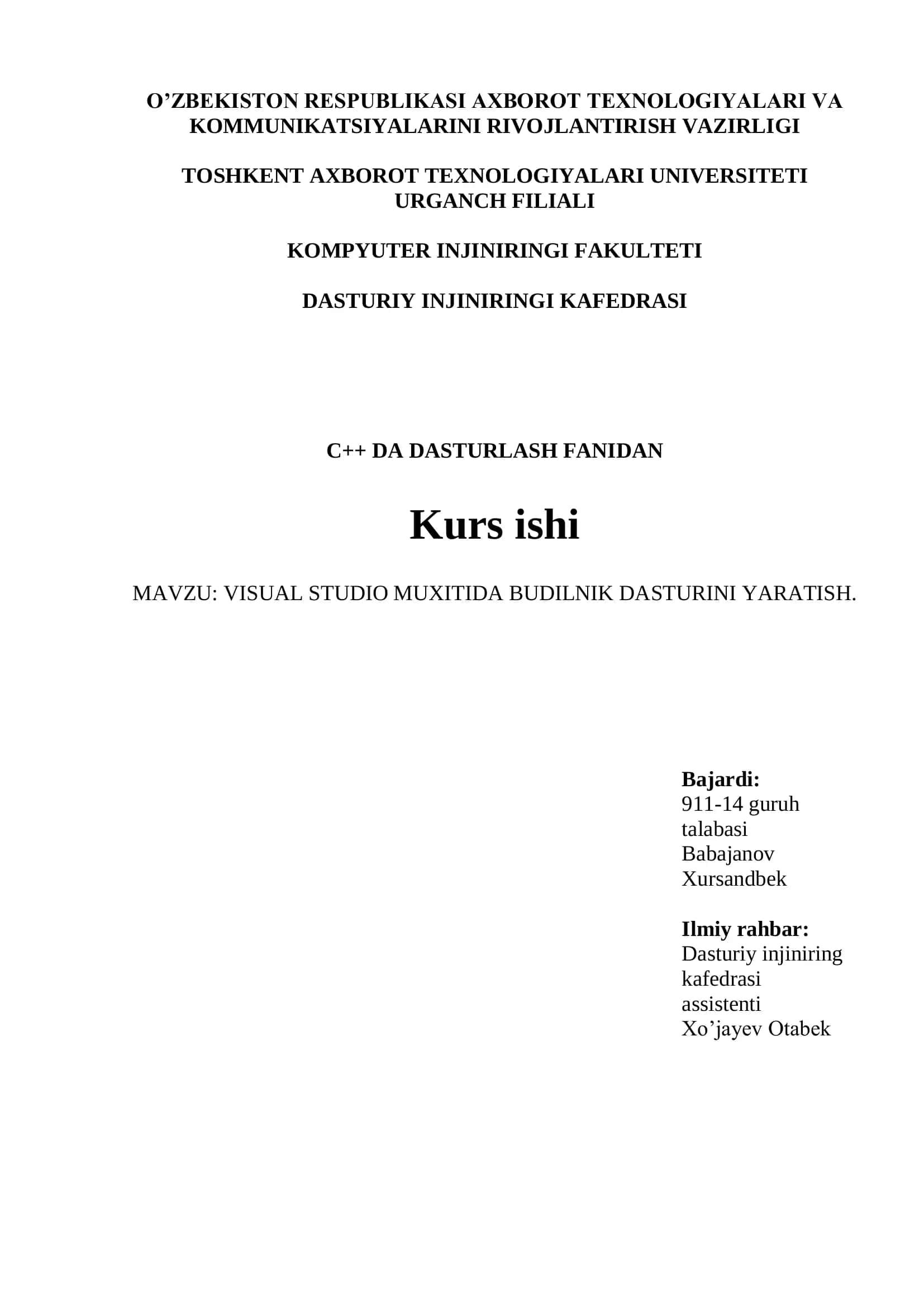 VISUAL STUDIO MUXITIDA BUDILNIK DASTURINI YARATISH 1