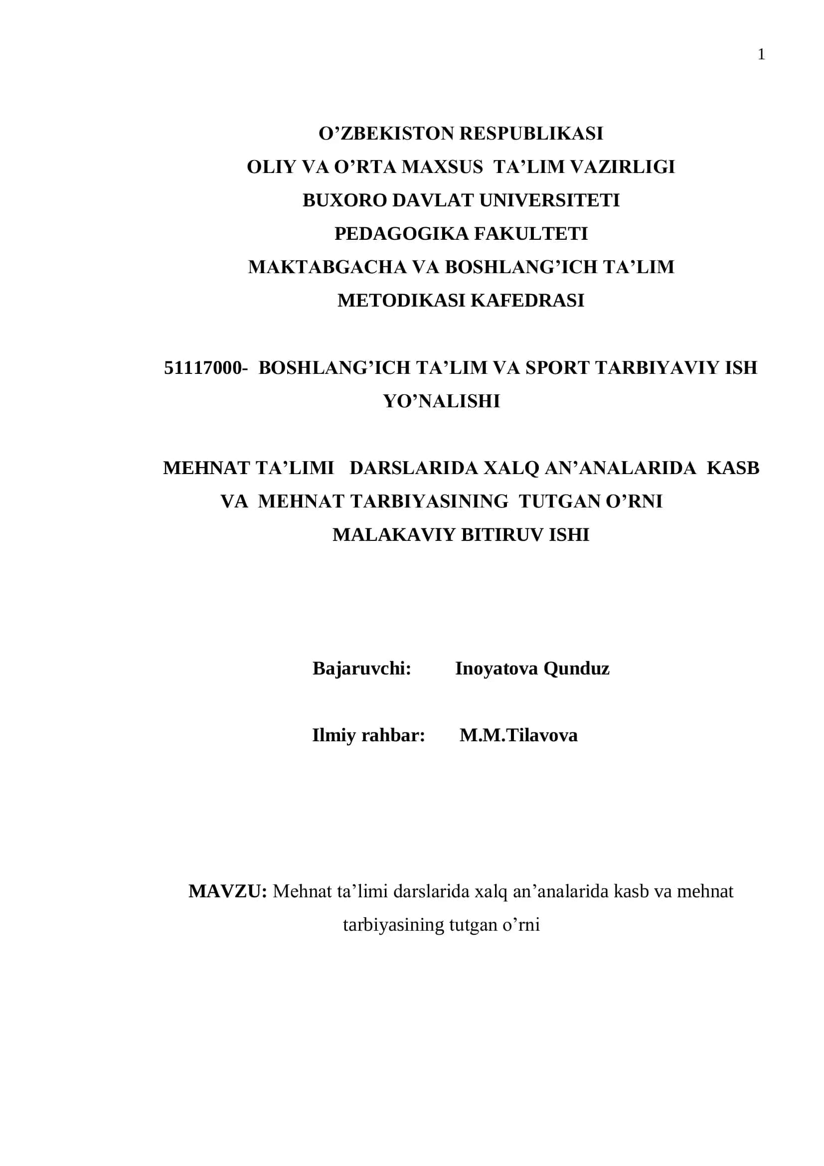 MEHNAT TA'LIMI DARSALARIDA XALQ AN'ANALARIDA KASB VA MEHNAT TARBIYASINING TUTGAN O'RNI MALAKAVIY BITIRUV ISHI 1