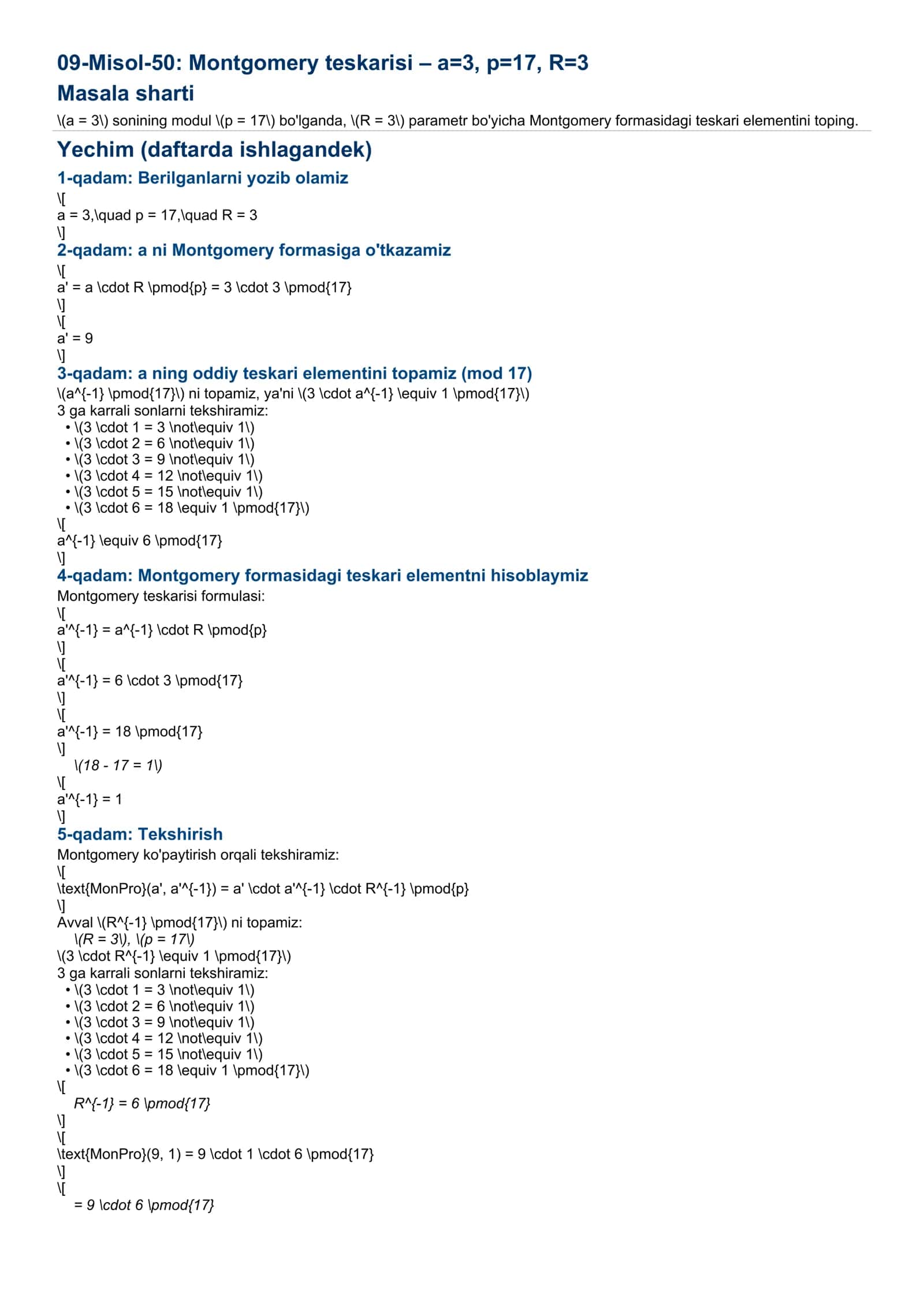 09-Misol-50: Montgomery teskarisi – a=3, p=17, R=3 1