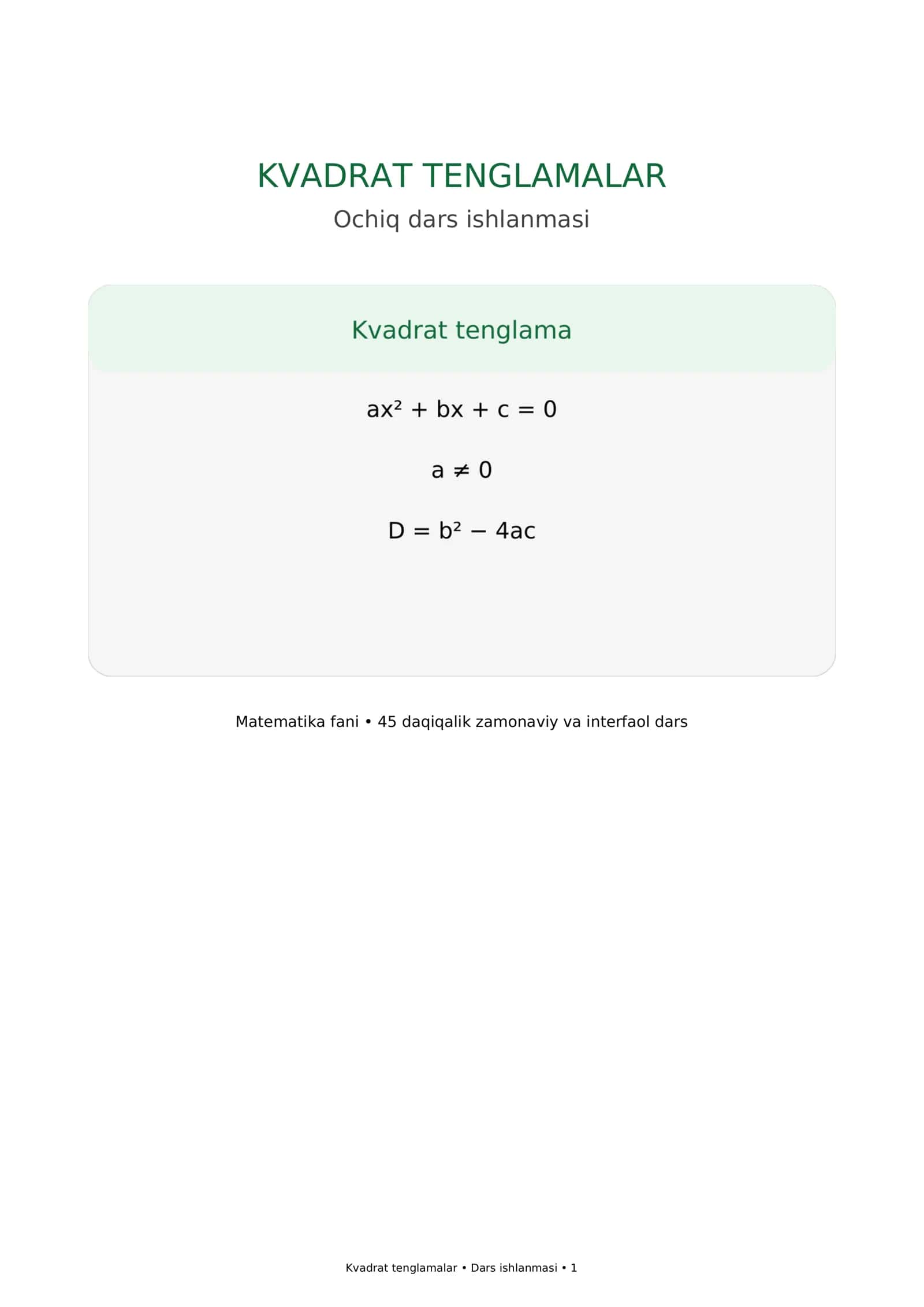 Kvadrat tenglamalar — Ochiq dars ishlanmasi | Matematika 1