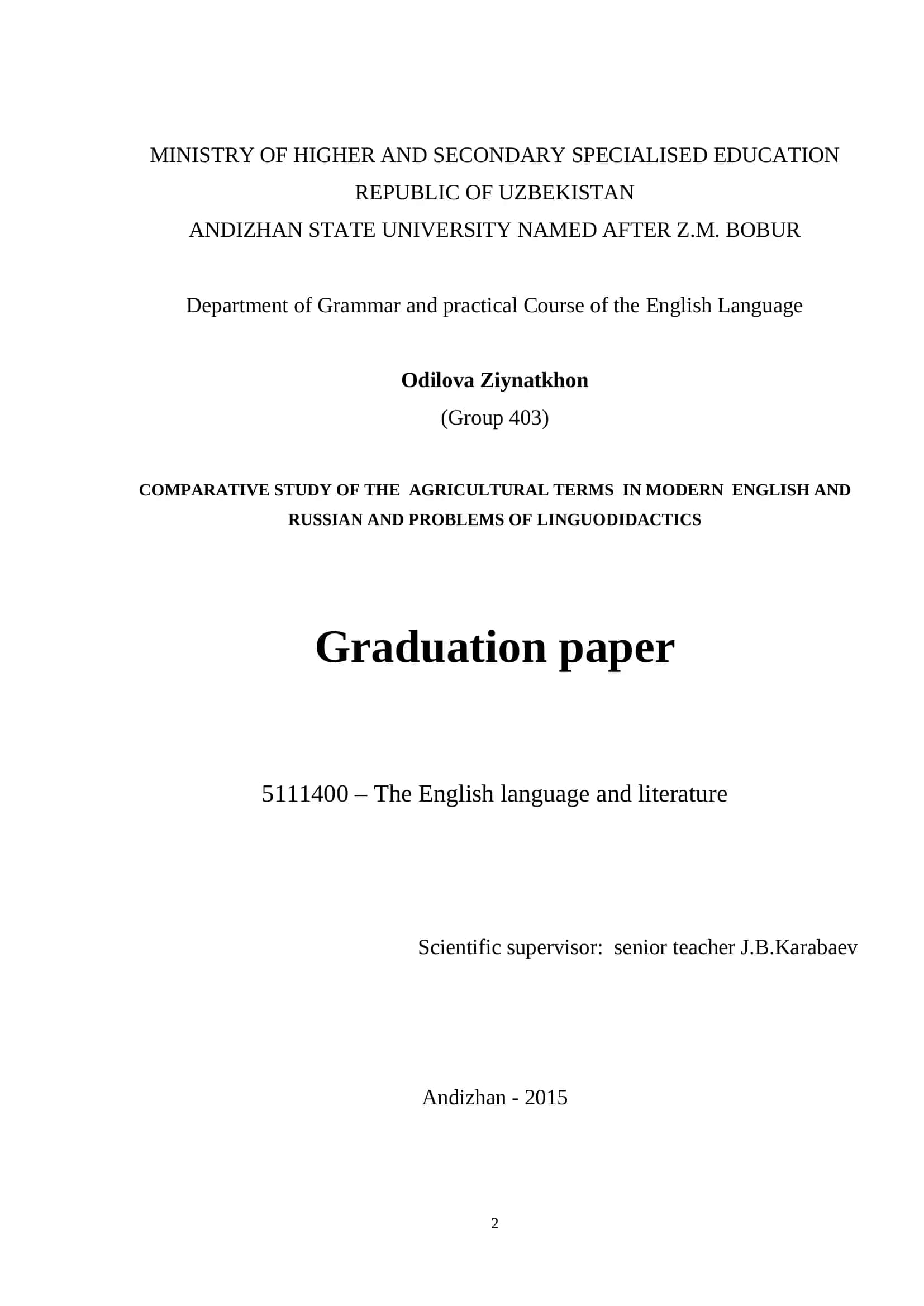 Comparative Study of Agricultural Terms in Modern English and Russian 1