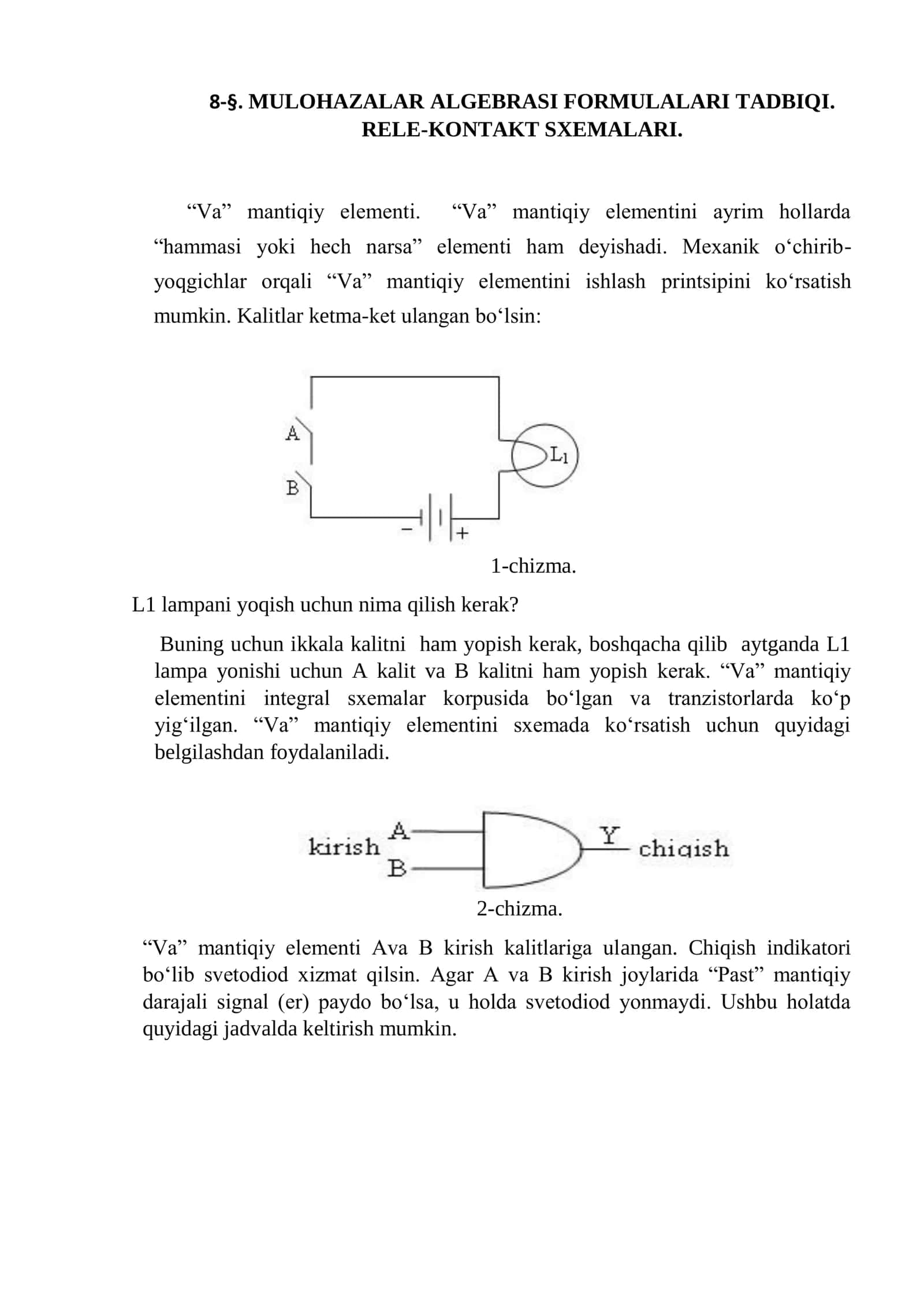 MULOHAZALAR ALGEBRASI FORMULALARI TADBIQI. RELE-KONTAKT SXEMALARI 1