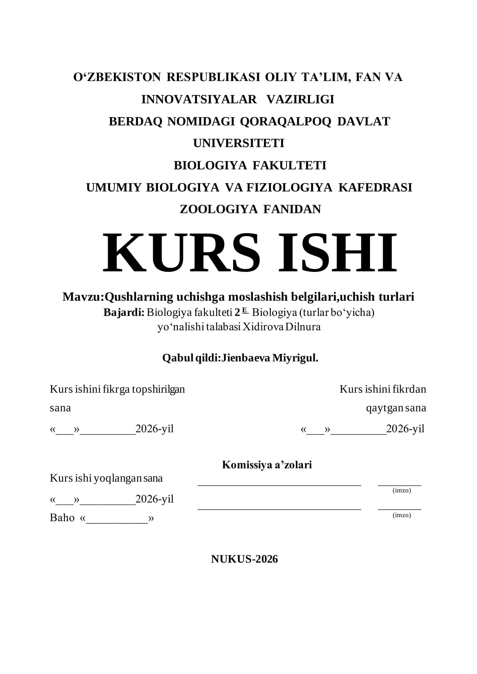 Kurs ishi: Qushlarning uchishga moslashish belgilari, uchish turlari 1