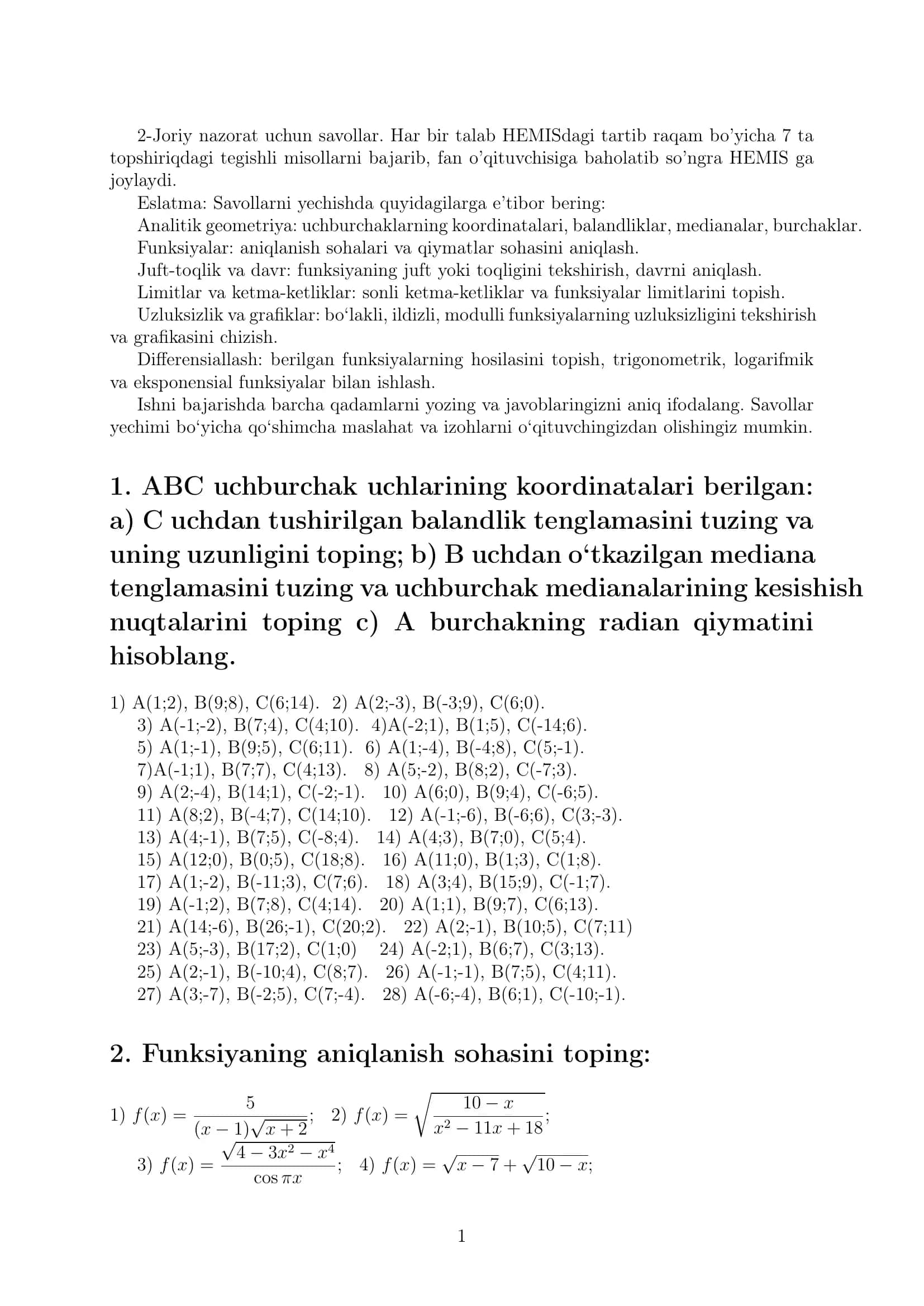 Funksiyalar, Limitlar,Differensiallash bo'yicha misollar 1