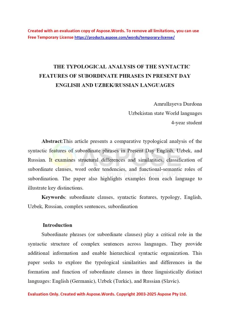 The Typological Analysis of the Syntactic Features of Subordinate Phrases in Present Day English and Uzbek/Russian Languages 1