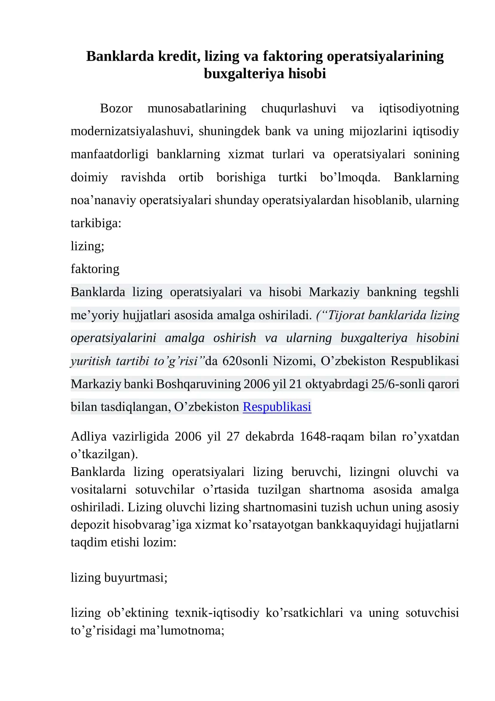 Banklarda kredit, lizing va faktoring operatsiyalarining buxgalteriya hisobi 1