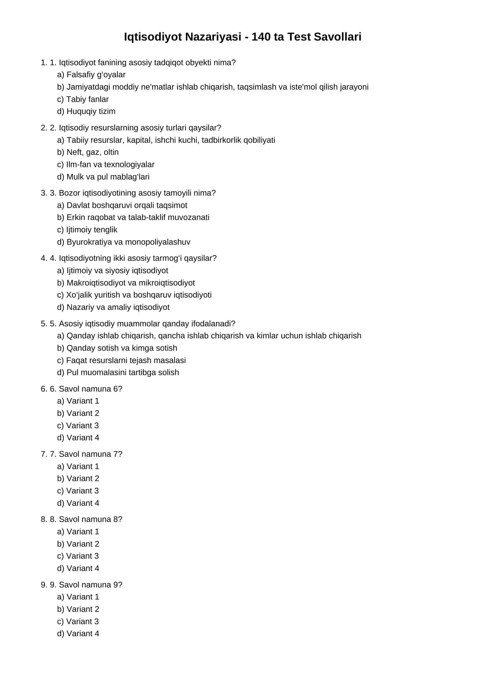 Iqtisodiyot Nazariyasi - 140 ta Test Savollari 1