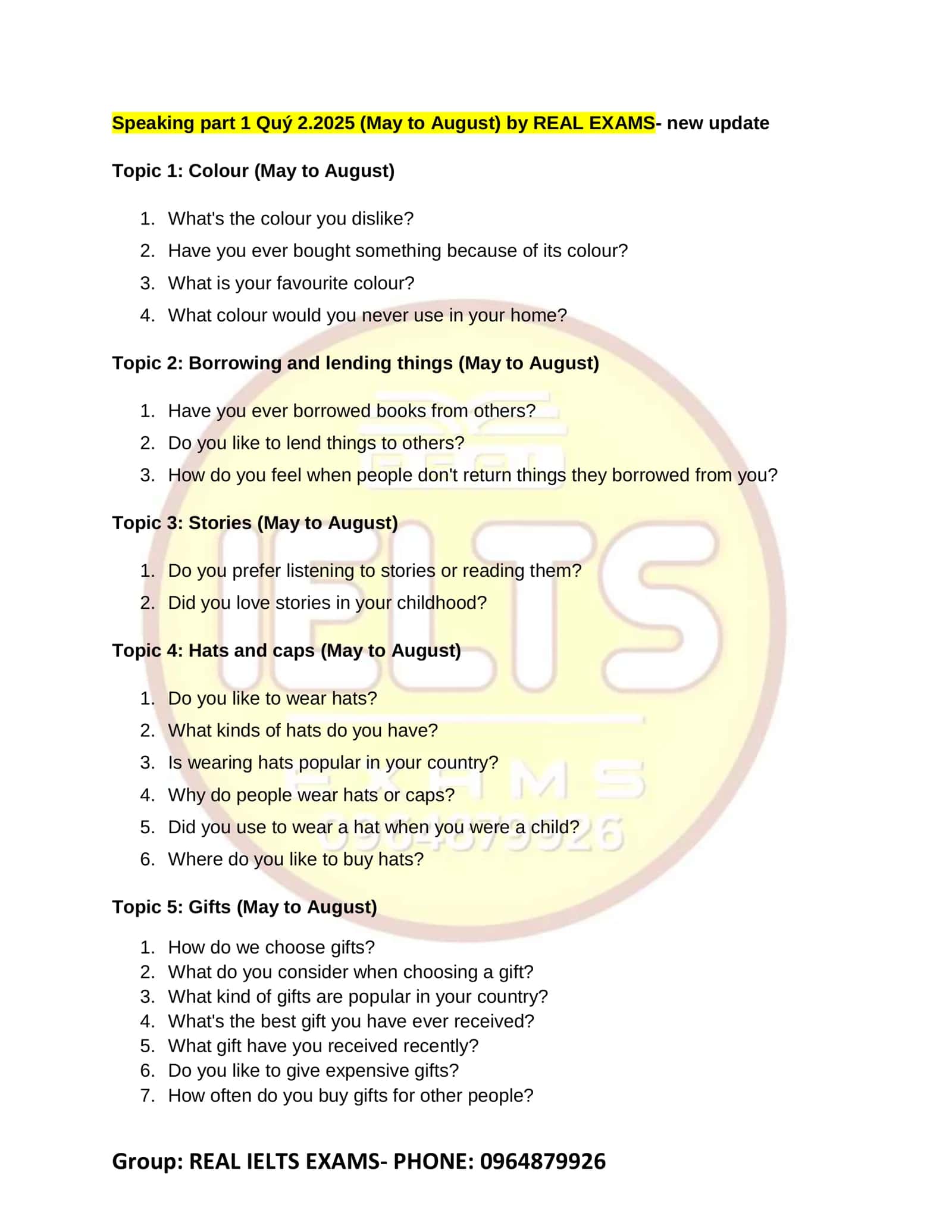 REAL IELTS EXAMS Speaking Part 1 Quý 2.2025 (May to August) 1