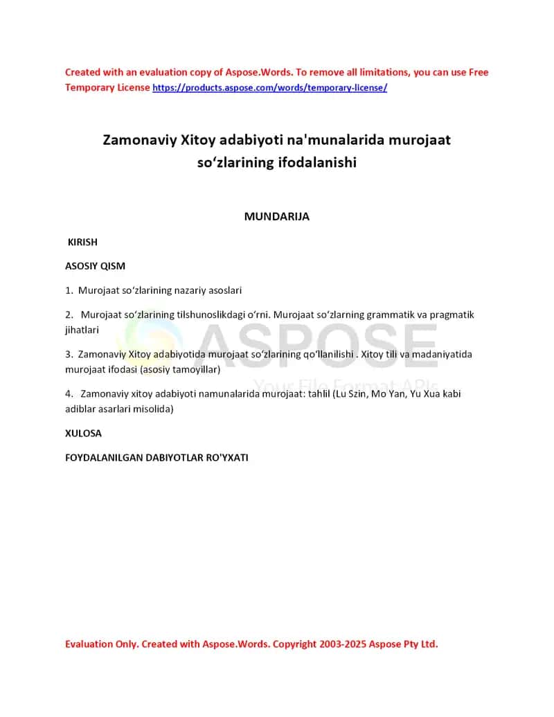 Zamonaviy Xitoy adabiyoti na'munalarida murojaat so‘zlarining ifodalanishi 1