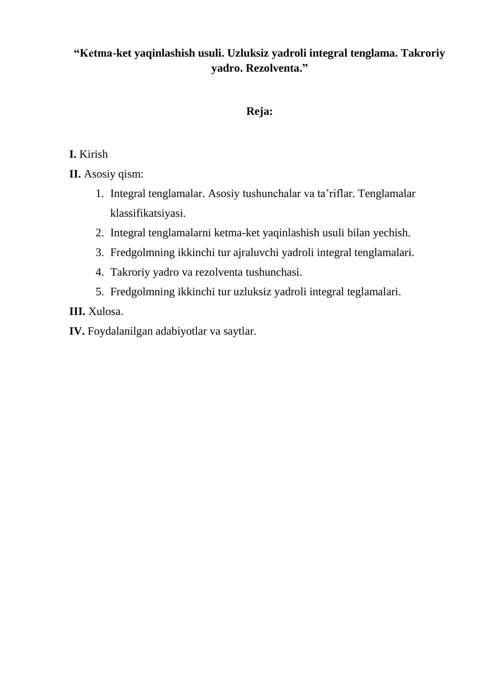 Integral Tenglamalar va Rezolventa 1