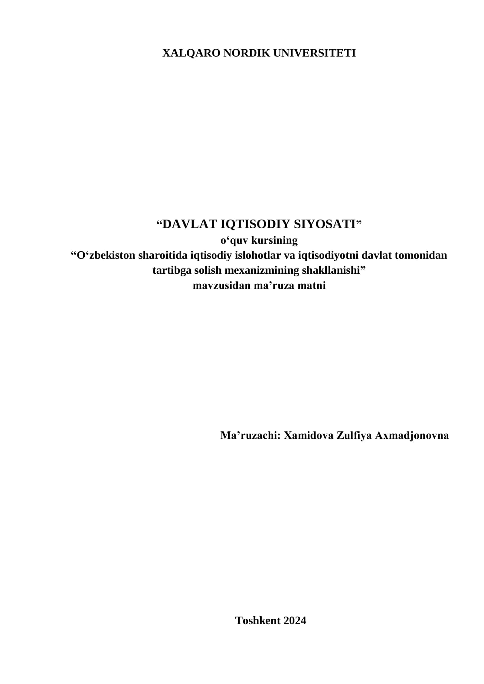 O‘zbekiston sharoitida iqtisodiy islohotlar va iqtisodiyotni davlat tomonidan tartibga solish mexanizmining shakllanishi 1