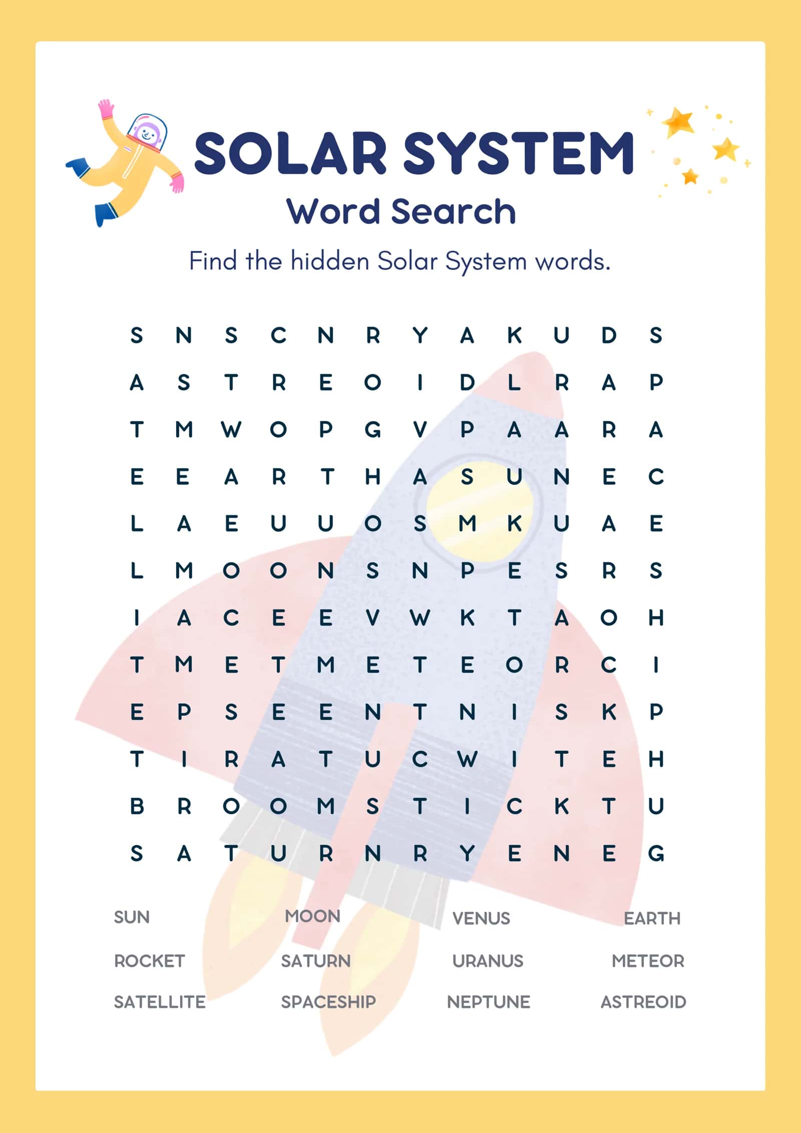 Quyosh tizimi: Qiziqarli "Wordsearch" va Javoblar kaliti (Solar System, PDF) 1
