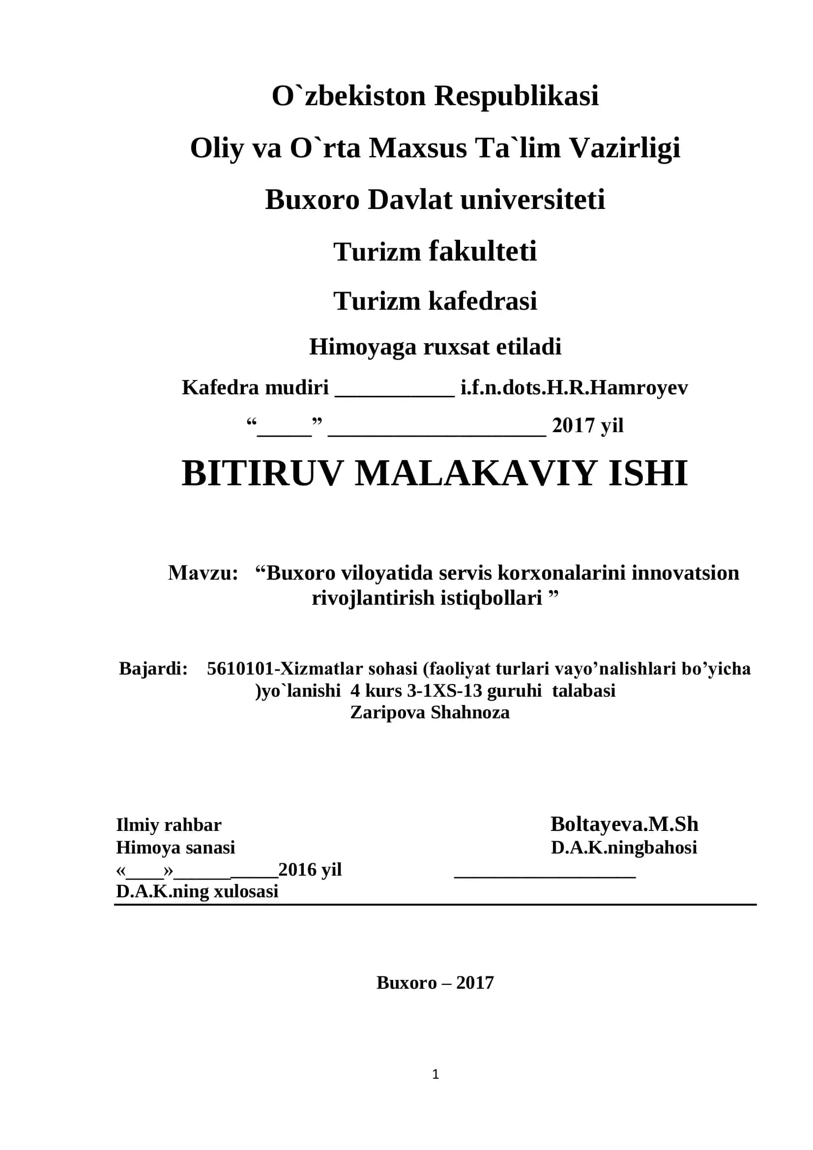 Buxoro viloyatida servis korxonalarini innovatsion rivojlantirish istiqbollari 1