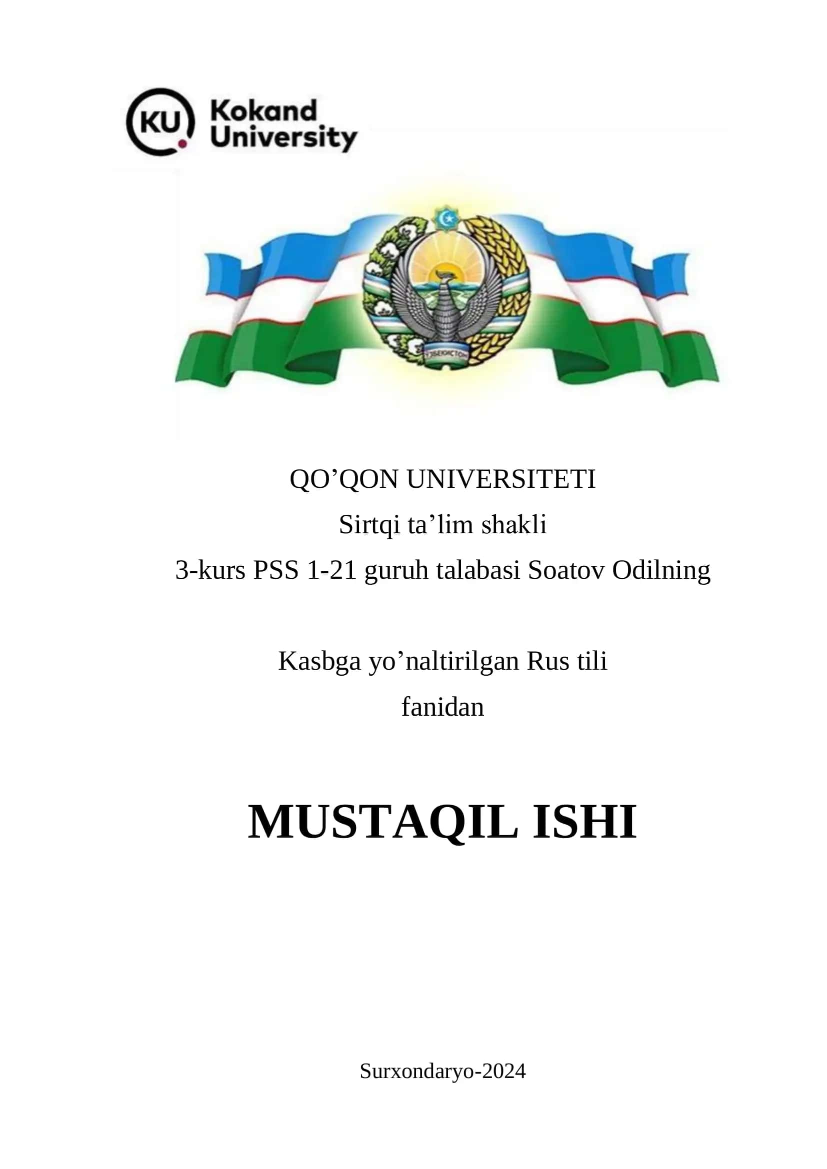 Kasbga yo’naltirilgan Rus tili fanidan MUSTAQIL ISHI Surxondaryo-2024 1