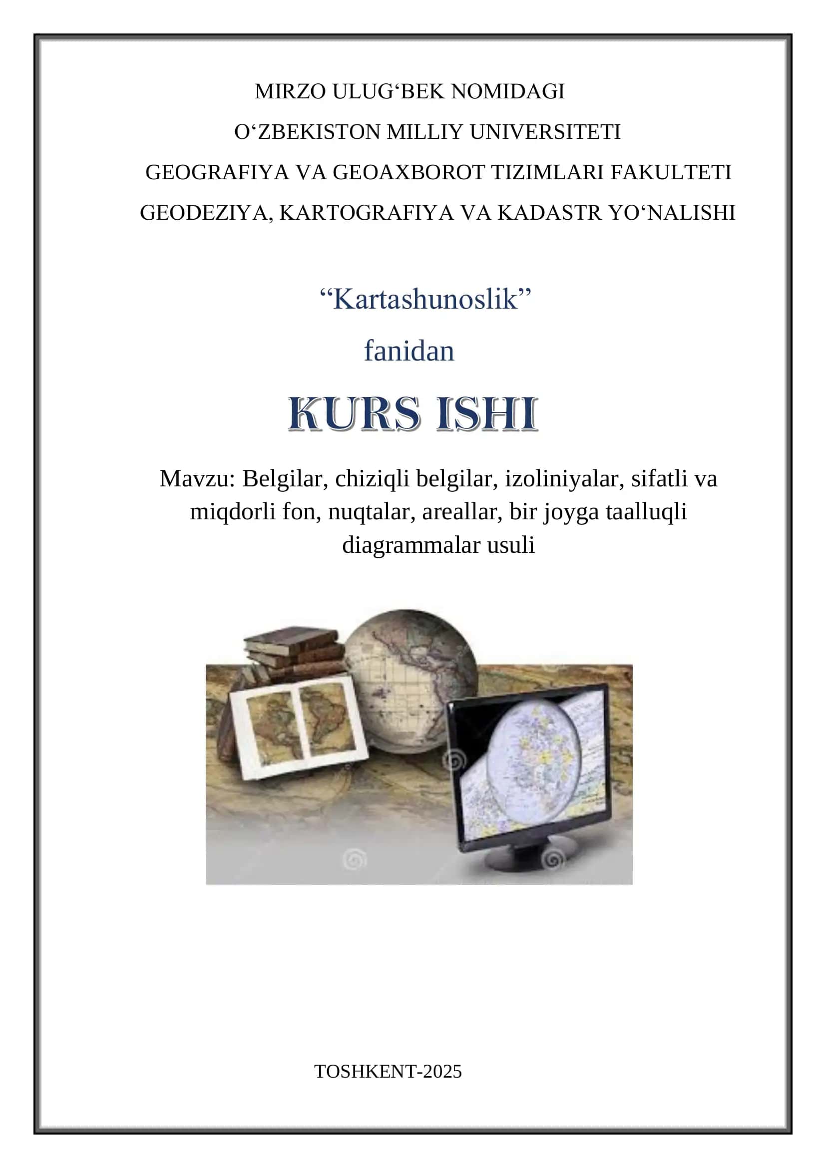 Belgilar, chiziqli belgilar, izoliniyalar, sifatli va miqdorli fon, nuqtalar, areallar, bir joyga taalluqli diagrammalar usuli 1