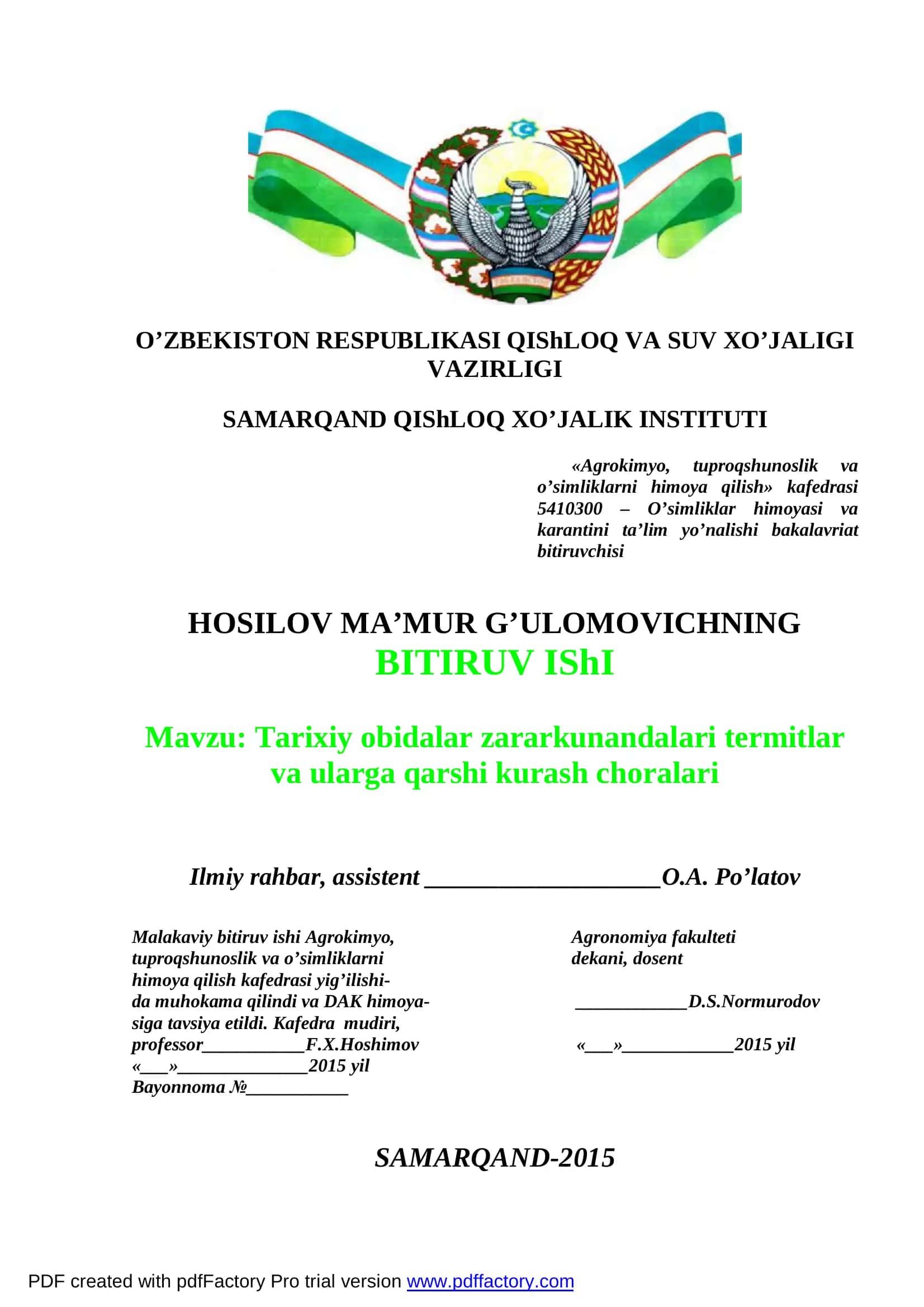 Tarixiy obidalar zararkunandalari termitlar va ularga qarshi kurash choralari 1