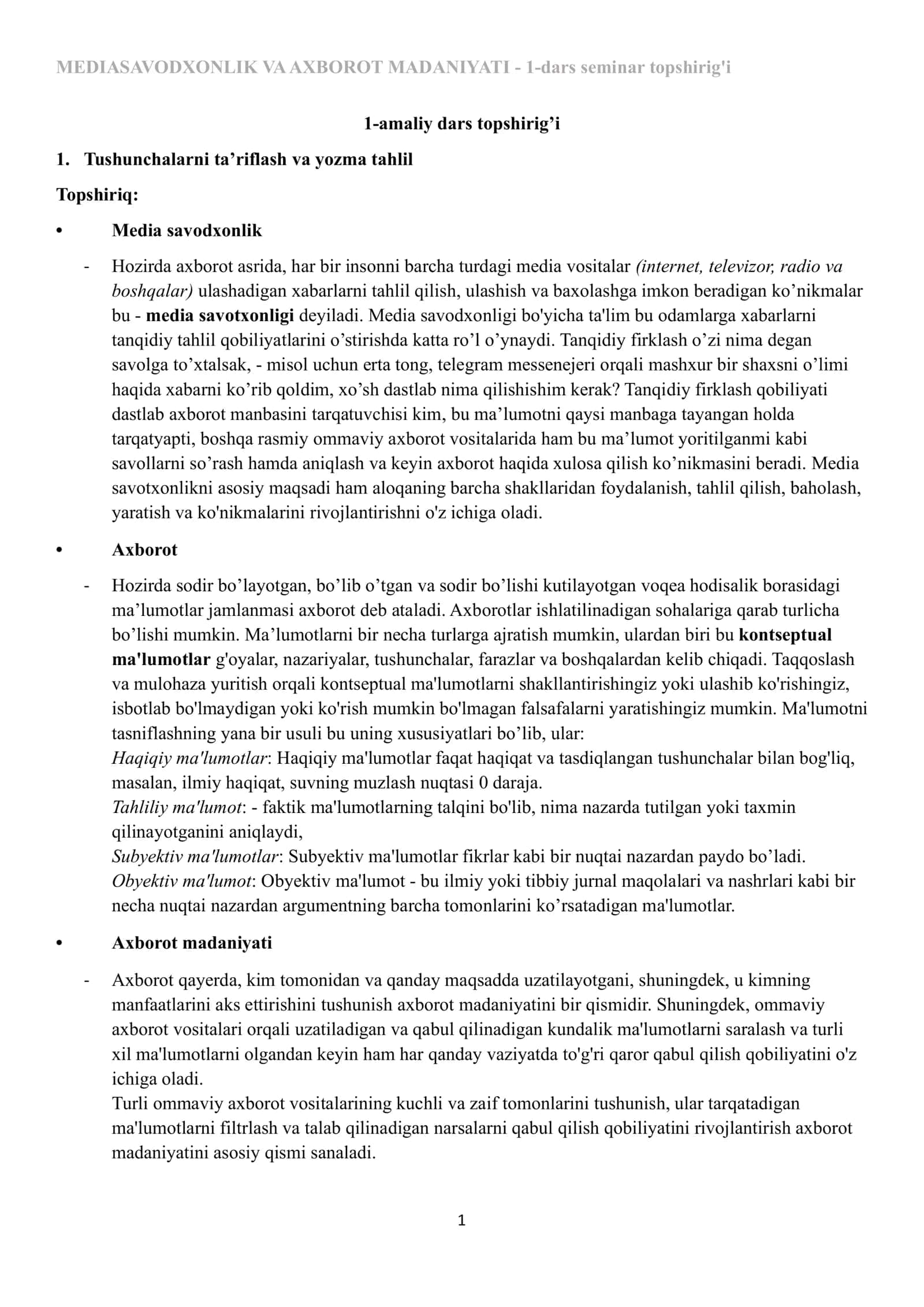 MEDIASAVODXONLIK VA AXBOROT MADANIYATI  amaliy  topshiriq 1