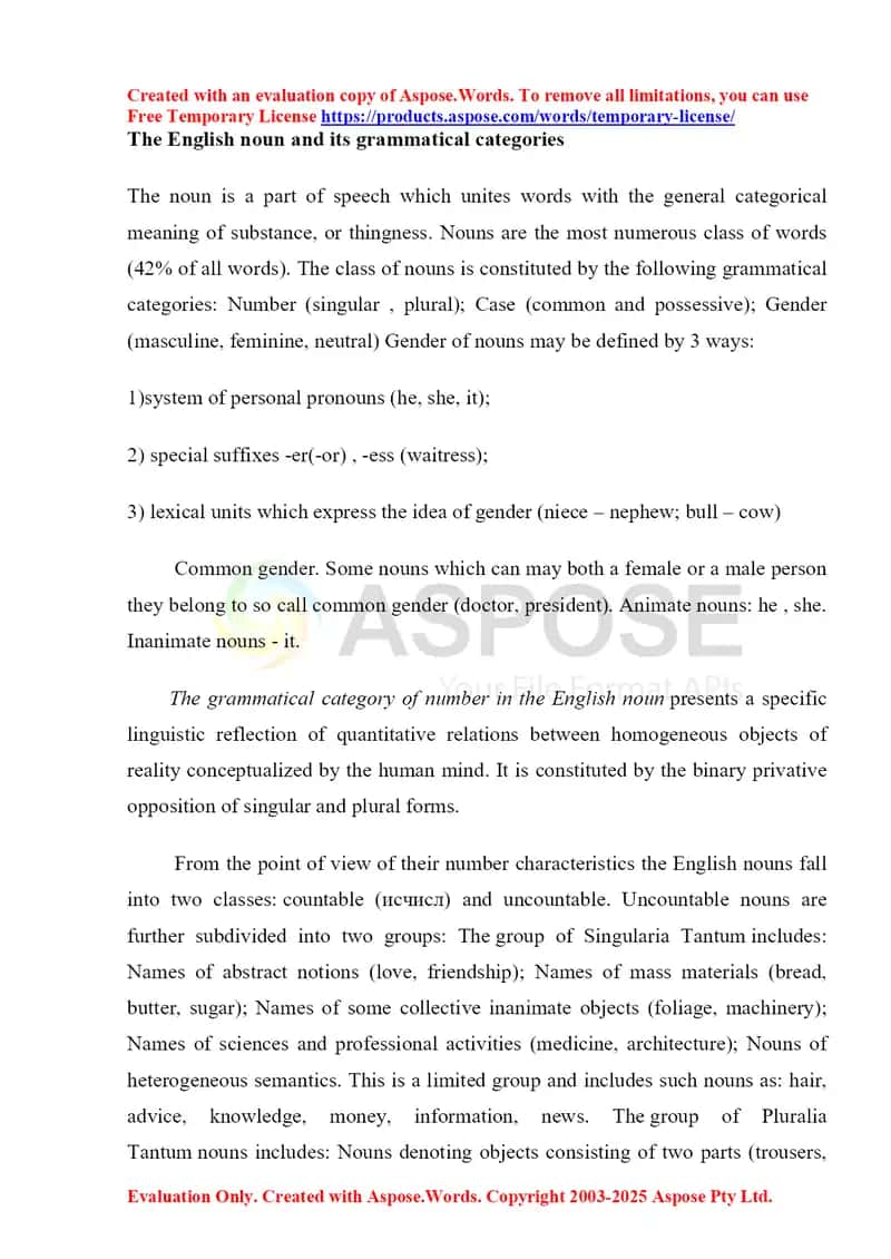 The English noun and its grammatical categories 1