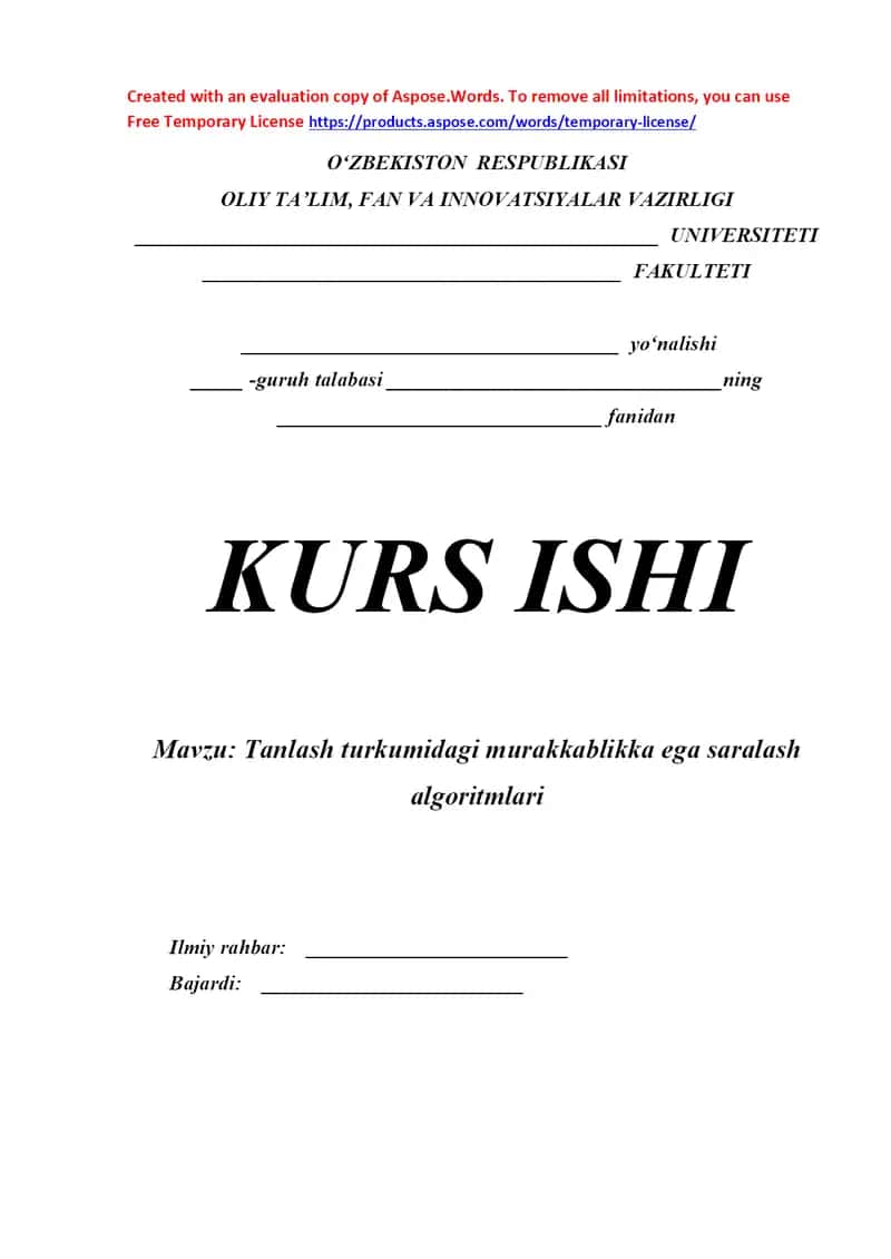 Tanlash turkumidagi murakkablikka ega saralash algoritmlari kurs ishi 1