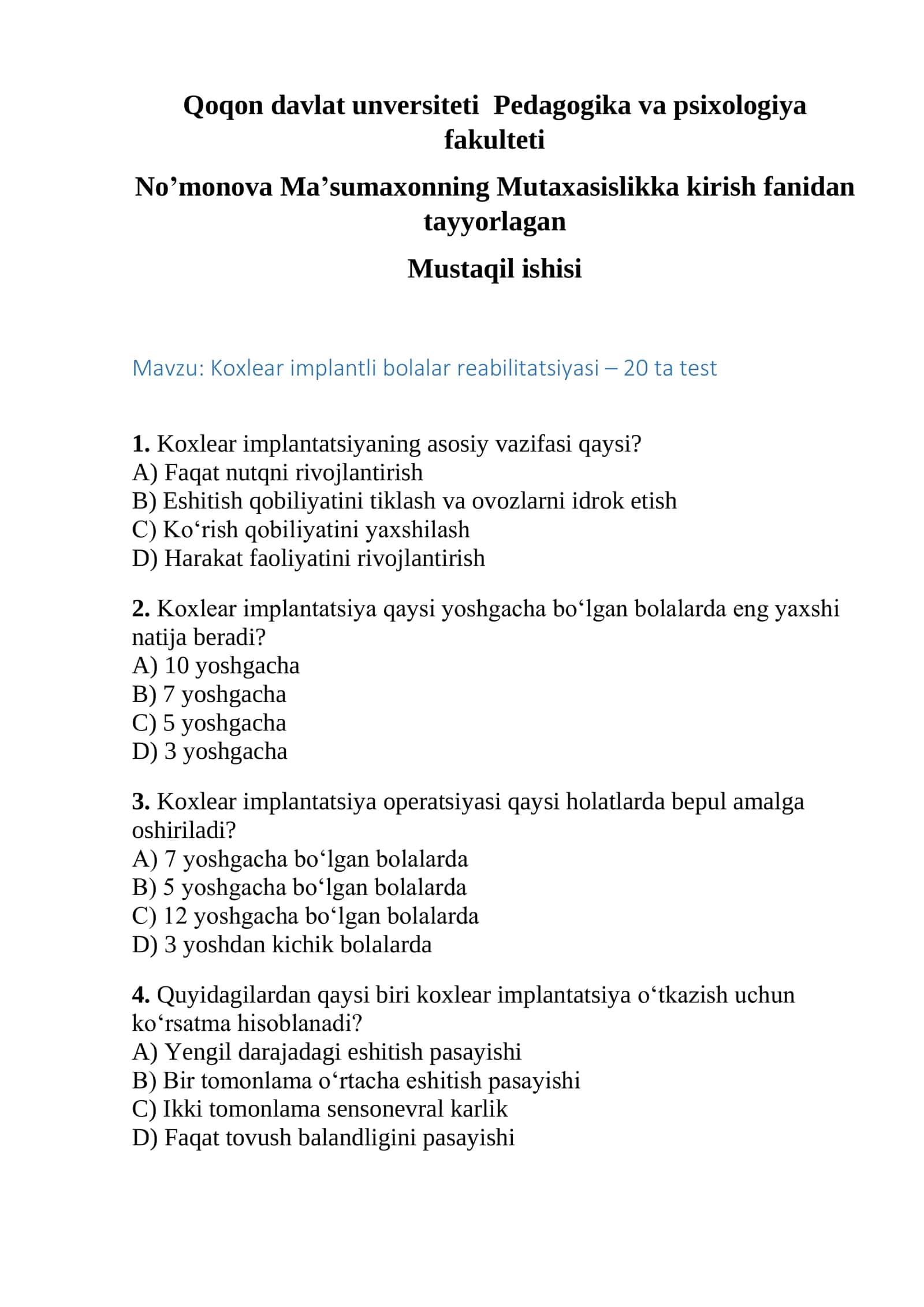 Koxlear implantli bolalar reabilitatsiyasi – 20 ta test 1
