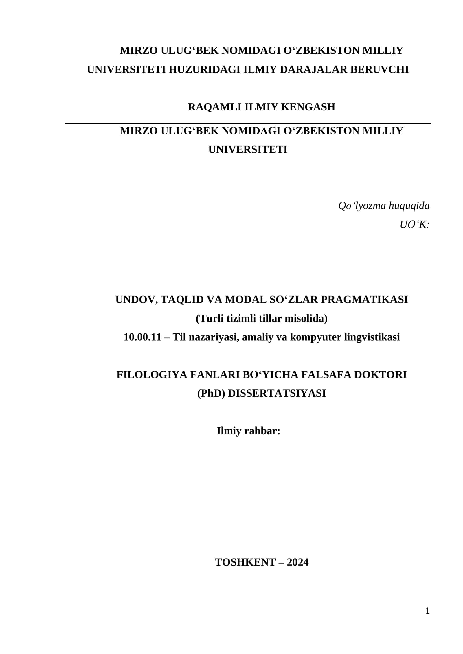 UNDOV, TAQLID VA MODAL SO‘ZLAR PRAGMATIKASI  (Turli tizimli tillar misolida) 1