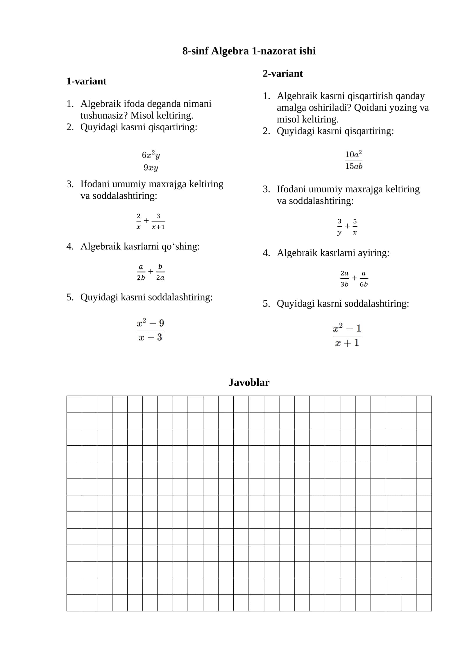 8-sinf Algebra nazorat ishi kitobchasi YANGI DARSLIK 1