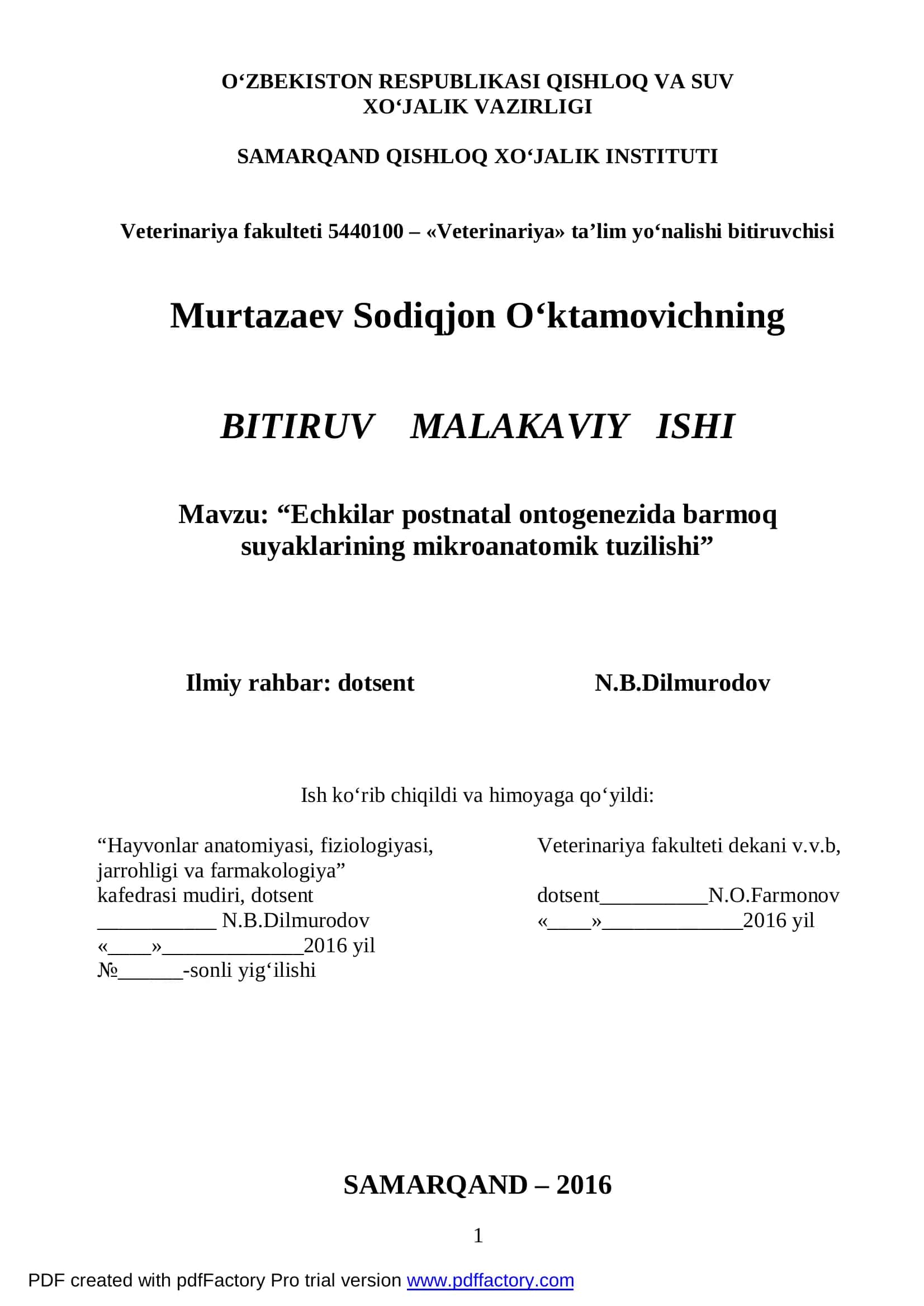 “Echkilar postnatal ontogenezida barmoq suyaklarining mikroanatomik tuzilishi” BITIRUV MALAKAVIY ISHI 1
