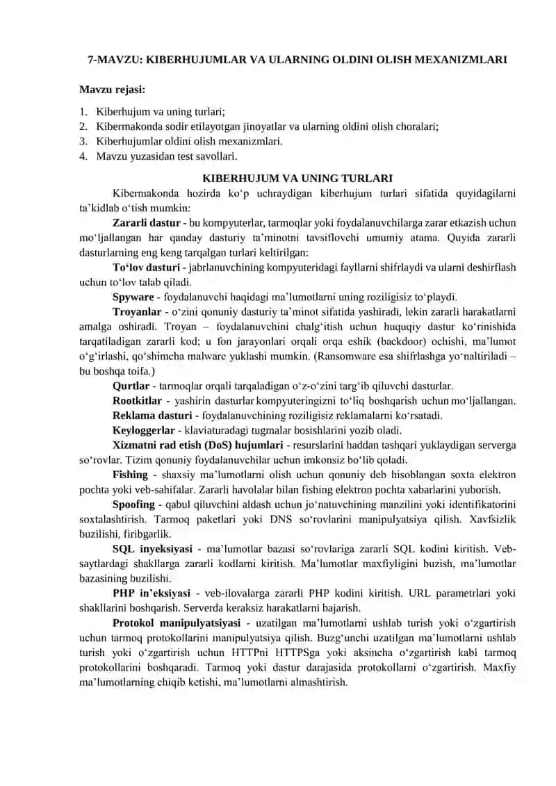 KIBERHUJUMLAR VA ULARNING OLDINI OLISH MEXANIZMLARI
