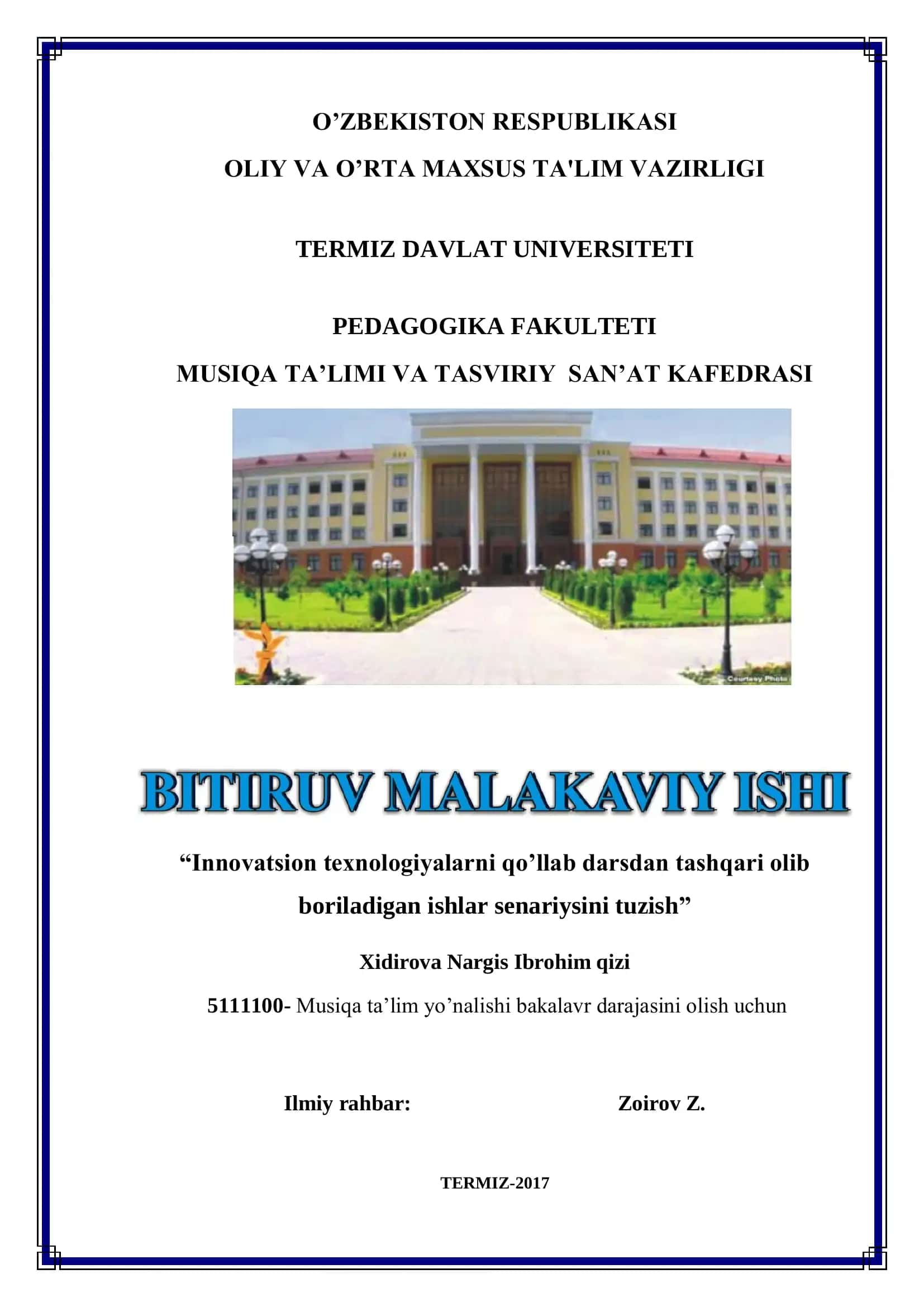 Innovatsion texnologiyalarni qo'llab darsdan tashqari olib boriladigan ishlar senariysini tuzish 1