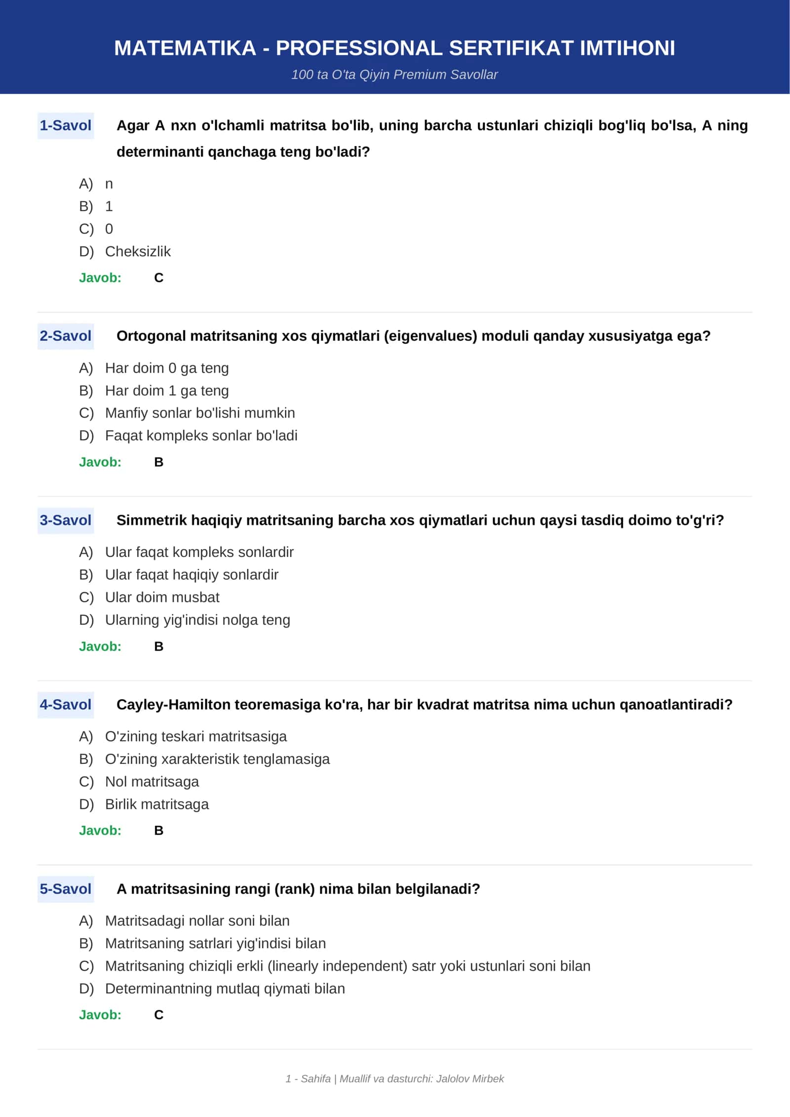MATEMATIKA - PROFESSIONAL SERTIFIKAT IMTIHONI 1