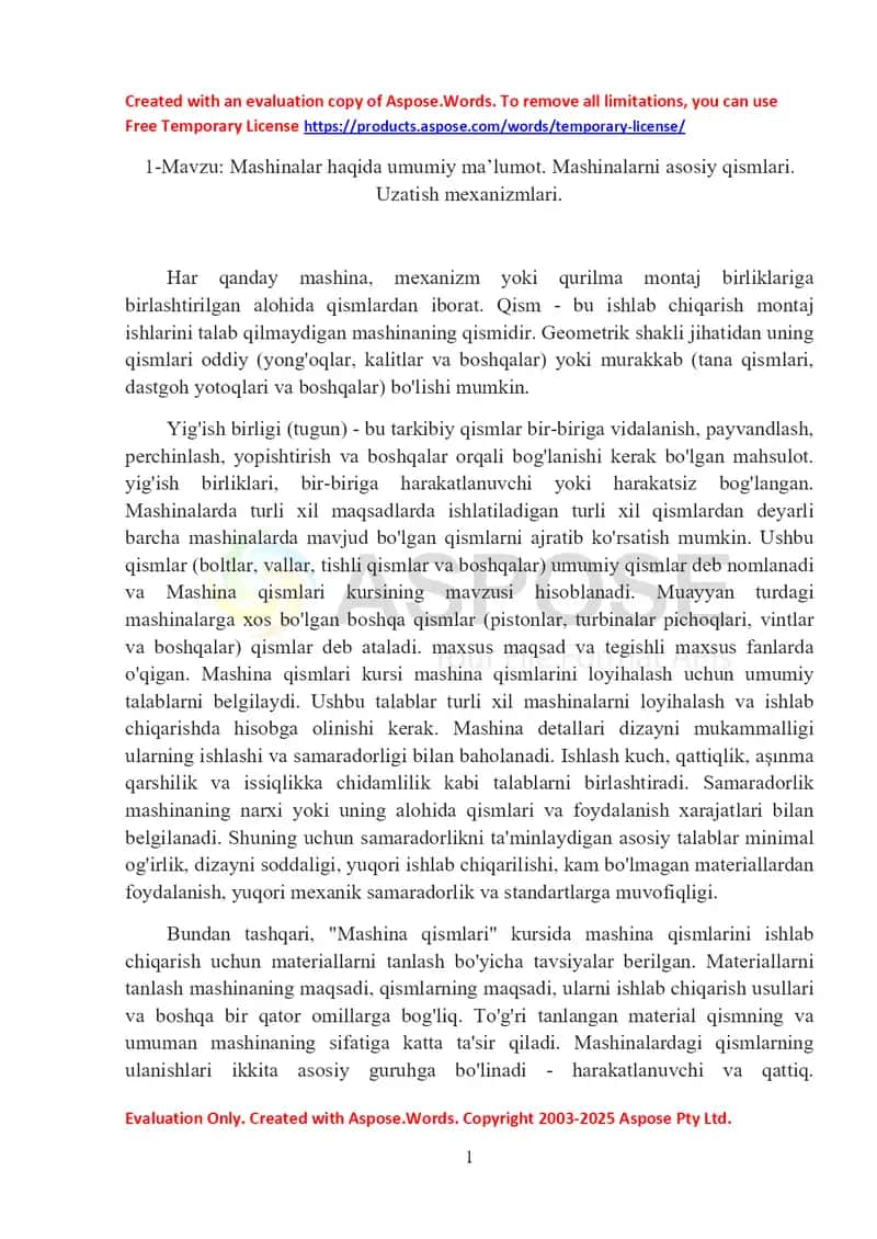 Mashina qismlari: umumiy ma’lumot va uzatish mexanizmlari 1